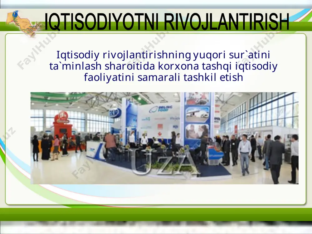 soblanadi. prezidenti i. karimov integratsiya haqida fikr bildirib, “ o’zbekiston bir vaqtning o’zida turli darajalarda dunyo miqyosida va mintaqa ko’lamida-integratsiya jarayonlarida qatnashsa-da, ammo bir muhim qoidaga: “bir davlat bilan yaqinlashish hisobiga boshqasidan uzoqlashmaslikka amal qiladi. biz bir subyekt bilan sherikchilikning mustahkamlanishi boshqalar bilan sherikchilik munosabatlarining zaiflashuviga olib kelishiga qarshimiz. tashqi iqtisodiy faoliyatning muhim shakllaridan biri — tashqi savdo bo‘lib, uni to‘g‘ri rejalashtirish, tashkil etish, boshqarish va amalga oshirish, aniqligiga erishish uchun tasniflash lozim. tasniflash deganda xalqaro tijorat kelishuvinioldi-sotdi va tovar almashish kelishuvlariga ajratishni tushunish mumkin. mustaqilligimiz davrida ijtimoiy-iqtisodiy siyosiy, madaniy-ma’naviy va tashqi iqtisodiy faoliyat sohalarid olamshumul yutuqlarga erishildi. prezidentimiz tomonida ishlab chiqilgan va asoslab berilgan bozor iqtisodiyotiga o‘tis tamoyillari amalda o‘z samarasini bera boshladi. amalg oshirilayotgan islohotlar jamiyat kishilarining farovonligi ularning hayoti gullab-yashnashi uchun qaratilganligi, odamlar islohotlar uchun emas, balki islohotlar — odamlar uchun xizma qilishi zarurligi yurtboshimiz tomonidan takror va takro ta’kidlanmoqda. iqtisodiy islohotlarning natijalariga ko‘ra barcha asosiy iqtisodiy …