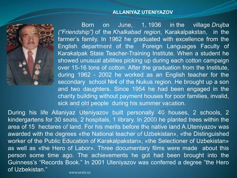 1г .) «the traditional-burial monuments of karakalpaks of the xvii-xix-th centuries on the materials of the grave krantaw» (2005 г.); “dawkeshen-vazir» (1997 г.); “the military architec- gayratdin khojaniyazov ture of ancient khoresm of the vi-th century b.c. – the iv-th century a.d.” (2006) and others. for the significant contribution in the science gayratdin khojaniyazov was awarded in honor of the 10-th anniversary of the uzbek independence with the order “independence of uzbe-kistan” ( 2001 г.) and in 2003 year – with the order “hero of labor.” in 2008 he was conferred a degree “the hero of uzbekistan.” www.arxiv.uz tulepbergen kayipbergenov, writer and national hero, dies at 81 uzbek and karakalpak literature suffered a grievous loss. hero of uzbekistan, a famous writer tulepbergen kaipbergenov died at 81. tulepbergen kaipbergenov was born in 1929 in kegeyli region of karakalpakstan. he began his career in 1947 as school teacher. after graduating from karakalpakstan …