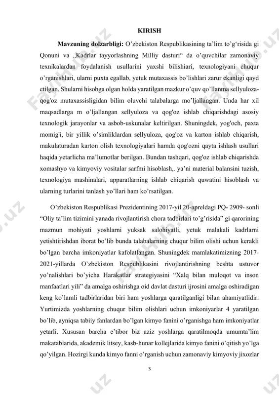 ularning fizikaviy kimyoga oid bilimlarini mustahkamlashda amaliy ahamiyatga ega. shu bilan birgalikda xalqaro miqyosda e’tirof etilgan xorij va o’zbek olimlarining so’ngi yillardagi ilmiy tadqiqotlari haqida muhim ma’lumotlar ham keltirib o’tilgan. ishning hajmi. kurs ishi 33 betlik matndan iborat bo’lib, kirish, adabiyotlar tahlili, xulosa hamda foydalanilgan adabiyotlar ro’yxati qismlaridan iborat. kurs ishi moddalarning fizik kimyoviy formulalar va modellar yordamida yoritib berilgan. i bob. sellyuloza tushunchasi va tasniflanishi 1.1. sellyuloza va uning xossalari sellyuloza (frans. cellulose, lot. cellula — hujayra) - angidro-bglyukozalarning elementar zvenolaridan tuzilgan polisaxarid: (c6h5o5)l; poli-1,4 p-d-glyukopiranozil- d-glyukopironozadan iborat. sellyuloza makromolekulalarida angidroglyukoza zvenolari bilan bir qatorda boshqa monosaxarid hamda uron kislota boʻlishi mumkin. sellyuloza, asosan, baʼzi oʻsimlik urugʻlari tukida, mas, chigit tukida (97—98%), yog'ochda (40—50%, quruq modda hisobida), kanop poya tolasi, oʻsimlik qobigʻining ichki qatlami (mas, zigʻir, ramida 80—90%, jutda 75% va h.k.), bir yillik oʻsimlik poyalari (qamish, makkajoʻxori, boshoqli oʻsimlik, kungaboqar)da 30—40% boʻladi, kartoshka tugunagida 20%. toza holdagi sellyuloza …