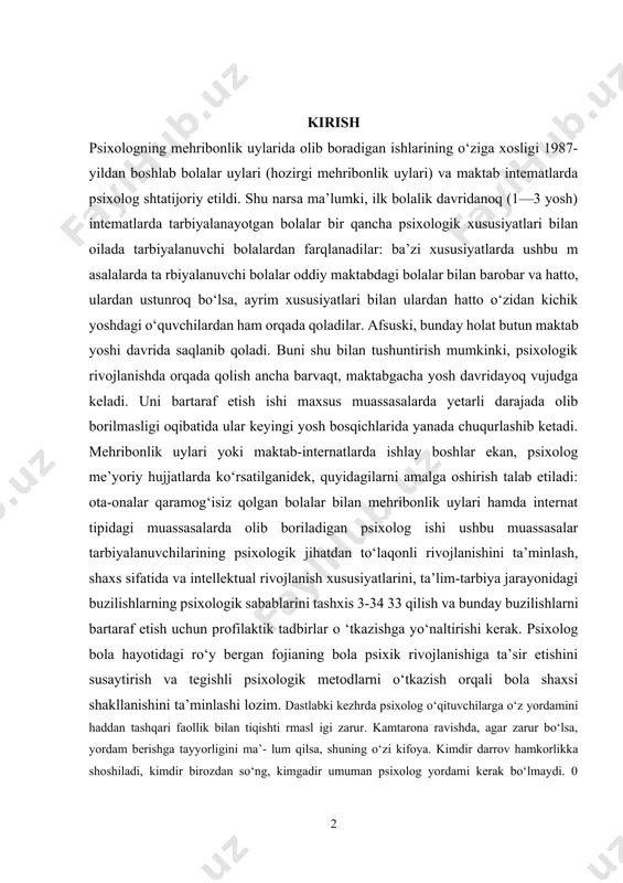 arini, ta’lim-tarbiya jarayonidagi buzilishlarning psixologik sabablarini tashxis 3-34 33 qilish va bunday buzilishlarni bartaraf etish uchun profilaktik tadbirlar o ‘tkazishga yo‘naltirishi kerak. psixolog bola hayotidagi ro‘y bergan fojianing bola psixik rivojlanishiga ta’sir etishini susaytirish va tegishli psixologik metodlarni o‘tkazish orqali bola shaxsi shakllanishini ta’minlashi lozim. dastlabki kezhrda psixolog o‘qituvchilarga o‘z yordamini haddan tashqari faollik bilan tiqishti rmasl igi zarur. kamtarona ravishda, agar zarur bo‘lsa, yordam berishga tayyorligini ma’- lum qilsa, shuning o‘zi kifoya. kimdir darrov hamkorlikka shoshiladi, kimdir birozdan so‘ng, kimgadir umuman psixolog yordami kerak bo‘lmaydi. 0 ‘qituvchilar bilan ishlashda bolada ro‘y berayotgan ijobiy o‘zgarishlarga asosan o‘qituvchi sababchi bo‘layotganini ta’kidlab turishi kerak. psixologning ishi «soyada» qolishi kerak i bob. oliya ta`lim tizimiga psixologik xizmat. 1.1 psixologik xizmatning rivojlanish tarixi psixologik xizmat aqshda 1800 yillardan boshlab rivojlana boshladi. aqshning birinchi amaliyotchi psixologlari olzini-o‘zi tarbiyalash muammosini o‘rgangan eksperimental psixologlar edilar. amerika maktablarida aqliy taraqqiyot koeffitsentini aniqlash keng tarqalib, keyinchalik «gaydens» xizmatining rivojlanishiga …