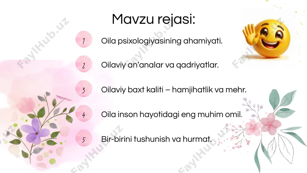 la – hayotdagi eng katta boylik.......! oiladagi an’ana va aqadriyatlar: oila – insonning eng birinchi va eng muhim tarbiya o‘chog‘idir. har bir oilaning o‘ziga xos qadriyatlari va an’analari bo‘lib, ular oilaning mustahkamligini, mehr-oqibatini va avlodlar o‘rtasidagi bog‘liqlikni ta’minlaydi. har bir oilaning mustahkamligi, avlodlar o‘rtasidagi bog‘liqlik va jamiyatdagi o‘rni – aynan o‘z qadriyatlari va an’analariga bog‘liq. agar oila o‘z qadriyatlarini asrab-avaylasa, jamiyat yanada barqaror va kuchli bo‘ladi. baxtli oila – mustahkam qadriyatlarga ega oiladir! oilaviy qadriyatlar – bu avloddan-avlodga o‘tib kelayotgan hayotiy tamoyillar va e’tiqodlar bo‘lib, ular oilaviy munosabatlarni shakllantiradi. ✅ mehr-muhabbat va hurmat: oiladagi eng asosiy qadriyat – mehr va o‘zaro hurmat. oilada mehr bo‘lsa, tushunmovchiliklar ham oson hal bo‘ladi. ✅ mas’uliyat va sadoqat: har bir oila a’zosi o‘z o‘rniga va vazifalariga mas’uliyat bilan yondashishi kerak. mas’uliyat – mustahkam oila asosi. ✅ halollik va ishonch: oila a’zolari bir-birlariga ishonishi va ochiq muloqot qilishi kerak. halollik – oilaning eng muhim ustunlaridan …