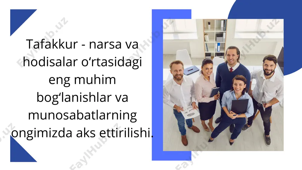 tiv, ishlab chiqaruvchi tafakkur – bu namuna bo‘yicha tafakkur, ijodkorlik esa – yangi kashfiyotlar, yangi natijalarga olib boruvchi tafakkur. realistik tafakkur voqelikni to‘g‘ri aks ettiradi, odam o‘z hulq-atvorini anglaydi, autistik tafakkur esa, asosan, ob’ektga emas, affektga mos bo‘lganlarni ifodalaydi, ehtiyojni qondirishga, kelib chiqqan hissiy zo‘riqishni kamaytirishga yo‘naltirilgan bo‘ladi. hukm – jismlar va hodisalar o‘rtasidagi aloqani aks ettiruvchi tafakkur shakli; biror narsani tasdiqlash yoki inkor etish. tasdiqlovchi hukmga misol sifatida: «psixika miyaning vazifasi», «barcha metallar elektr tokini o‘tkazadi», inkor etishga – «suvda hech qanday yog‘ erimaydi» kabi hukmlarni keltirish mumkin. induksiya – bu xususiy xulosalardan umumiy xulosalarni keltirib chiqarish, ayrim dalillar va hodisalarni o‘rganish asosida umumiy qoidalar va qonunlar o‘rnatish usuli. deduksiya – bu umumiy mulohazalardan xususiy mulohazalar keltirib chiqarish, umumiy qonunlar va chi qoidalar asosida ayrim dalillar va hodisalarni bilish. analiz – bu yaxlitlikni fikran qismlarga yoki yaxlitlikni tomonlar, harakatlar, munosabatlarga ajratish. stolni, masalan, qopqog‘i, tirgaklari, g‘aladonlari va boshqalarga bo‘lish …