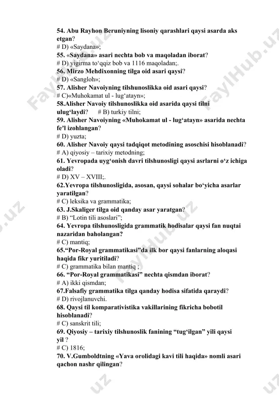 icha bobotil hisoblanadi? # c) sanskrit tili; 69. qiyosiy – tarixiy tilshunoslik fanining “tug‘ilgan” yili qaysi yil ? # c) 1816; 70. v.gumboldtning «yava orolidagi kavi tili haqida» nomli asari qachon nashr qilingan? # a) 1836-1840; 71. f. de sossyurning mashhur asari qanday nomlanadi? # d) «umumiy tilshunoslik kursi»; 72. f. de sossyur tilda nechta aspektni farqlaydi? # d) ikkita aspektni; 73.f. de sossyurning fikricha til nutqdan nechta belgisiga ko‘ra farqlanadi? # a) beshta belgisiga; 74. til va nutq muammosi haqida qaysi olim mukammal fikr yuritgan? # d) f. de sossyur; 75. praga lingvistik maktabining vakillari kimlar? # c) v.matezius, m.vaxek, b.gavranek, n.s.trubetskoy, r.o.yakobson, s.i.karsevskiy ; 76. amerika strukturalizmining vakillari kimlar? # d) f.boas, e.sepir, l.blumfild, ch.friz; 77. kopengagen strukturalizmining vakillari kimlar? # b) l.yelmslev, v.bryondal, x.ulda; 78. rus tilshunosligida qaysi asrdan boshlab, rus milliy adabiy tili meʼyorlarini yaratishga kirishildi? # a) xviii asrning 30 yillaridan; 79.rus tilshunoslaridan kimlar 7 …