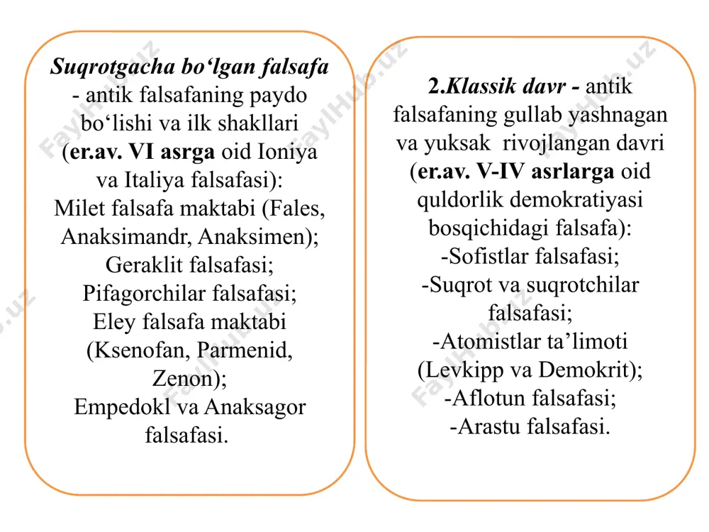 idir. pifagorchilar birinchi bo`lib yunonistonda tabiatdagi narsa va hodisalarni izohlashda miqdor kategoriyasini ilgari suradi. pifagor zodagonlar oilasiga mansub bo`lgani bois aristokratiyani himoya qilgan. u «tartib» to`g`risidagi ta’limotini yaratib, faqat aristokratlar o`rnatgan tartib ijtimoiy hayotda muhim rol o`ynaydi, degan. uning fikricha, demokratiya bu tartibotning buzilishidir. eley falsafiy maktabi namoyandasi ksenofan (er.av-gi yi—v asr) «tabiat haqida» asarining muallifidir. uning falsafiy ta’limotiga ko‘ra, tabiat - o‘zgarmas va harakatsizdir, «hamma narsa yerdan unib chiqadi va pirovardida yana yerga qaytadi». biz hammamiz yerdan tug‘ilganmiz va yerga aylanamiz». u qadimgi yunon faylasuflaridan birinchi bo‘lib, bilishning imkoniyati va chegarasi haqida fikr yuritgan. bu qadimgi yunon gnoseologiyasining rivojiga turtki bo‘ldi. qadimgi yunon madaniyatida sofistlar falsafasi katta o`rin tutadi. sofistlar antropologiya (inson haqidagi fan) va gnoseologiya (bilish to`g`risidagi fan) muammolari bilan shug`ullangan. sofistlar yangi kasblarning moxir ustalari, ya’ni o`qituvchilar, diplomatlar, notiqlar, sud mahkamalarida ishlovchi mutaxassislardan iborat bo`lib, haqiqat, osoyishtalik, adolat o`rnatishga xizmat qilgan. ularning ta’limoti suqrot falsafasiga ham ma’lum …