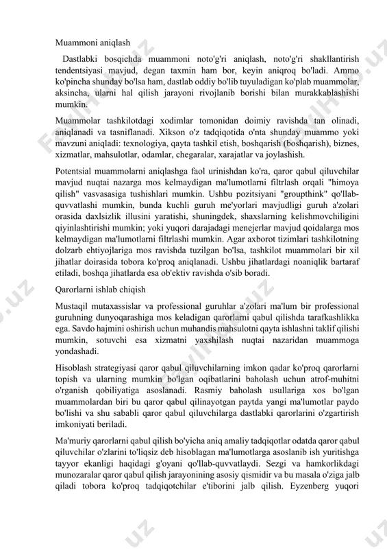 i o'zgartira olmasliklari mumkin. ma'lumotlar tartibining ta'siri. ba'zida birinchi bo'lib berilgan savollar katta ahamiyatga ega - ular ba'zan oxirgi savollarni muhimroq deb hisoblashi mumkin - ular haqidagi taassurotlar eng yangi, hech narsa bilan yashirilmaydi. noto'g'ri ekstrapolyatsiya. o'tgan tendentsiyalar ko'pincha kelajakdagi faoliyatni baholash uchun ishlatiladi va chiziqli o`sish deb hisoblanadi. darhaqiqat, o'sish epidemiyada bo'lgani kabi eksponent bo'lishi mumkin yoki pasayishi mumkin. tashqi o'xshashlik. hodisalarning o'xshashligi haqida hukm, hodisaning ma'lum bir turi bilan o'xshashlik asosida amalga oshiriladi; masalan, yaxshi menejerga xos xususiyatlarga ega bo'lganligi sababli menejerni lavozimga tayinlash, ya'ni u kiyinish, gapirish va hokazolarning tegishli uslubiga ega. kichik sonlar qonuni. kichkina namuna butun aholini anglatadi. tasdiqni topish istagi (psixologiyada bu hodisa "pigmalion effekti" deb nomlanadi va unga zid bo'lgan narsa - bu baxtsiz hodisa, hisobga olinmasligi kerak). oldindan shakllangan fikrni tasdiqlashi mumkin bo'lgan ma'lumotlar tanlovi mavjud. qarama-qarshi nuqtai nazar rad etiladi, bunda qaror qabul qiluvchilar ataylab qarama-qarshi dalillarni bekor qilishi mumkin bo'lgan …