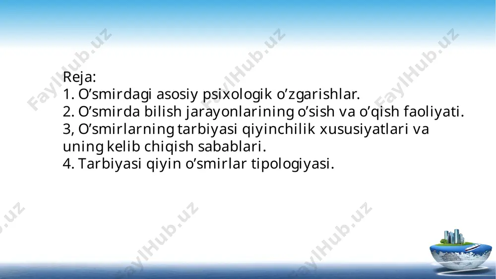 il bo’ladi. o’qituvchi o’quvchilarga o’quv materiallarini taqqoslashni, mavhumlashtirishni, o’z fikrini to’g’ri, ravon va aniq ifodalash yo’lini tushuntirib berishlari lozim. o’smirlarning o’quv faoliyatida, o’quv materialini o’zlashtirish darajasida, umumiy intellektual rivojlanishida turli darajadagi o’quvchilarni uchratish mumkin. o’quv faoliyatidagi kamchiliklar kichik sinflarda bilinmagan bo’lsa, v-vi sinflarda o’zlashtirishi keskin farqlanadigan bolalar ko’zga tashlanib qoladi. o’smirlarda nazariy, formal va refleksiv tafakkur turlari shakllanadi. xotira, idrok jarayonlari ham intellektualizaciya bo’la boshlaydi, ya`ni o’smir o’quv materiallarini tushinib idrok qilish va eslab qolishni o’rgana boshlaydi. o’smirlarning o’z-o’zini anglashi sifat jihatidan o’zgaradi. o’zi haqida o’ylash, o’zini boshqalar bilan taqqoslash o’smirning xususiyatidir. o’smir o’z kamchiligi ustida uylaydi, o’zidan qoniqmaslik hissi paydo bo’ladi. ko’pchilik o’smirlar kattalarga o’xshaydigan o’z tenglashlariga o’xshashga harakat qiladilar. tarbiyasi qiyin o’smirlarni bir necha shartli guruhlarga ajratish mumkin injiq tabiatli o’smirlar.; mustaqil fikrga ega bo’lmaganlar; orsiz, subutsiz o’smirlar; mustaqil fikrga ega bo’lmaganlar;; tarbiyasi qiyin o’smirlarni yuzaga keltiruvchi sabablar psixik rivojlanishdagi kamchiliklar; shaxs tarbiyasidagi nuqsonlar; bilish faoliyatidagi kamchiliklar; shaxsning …