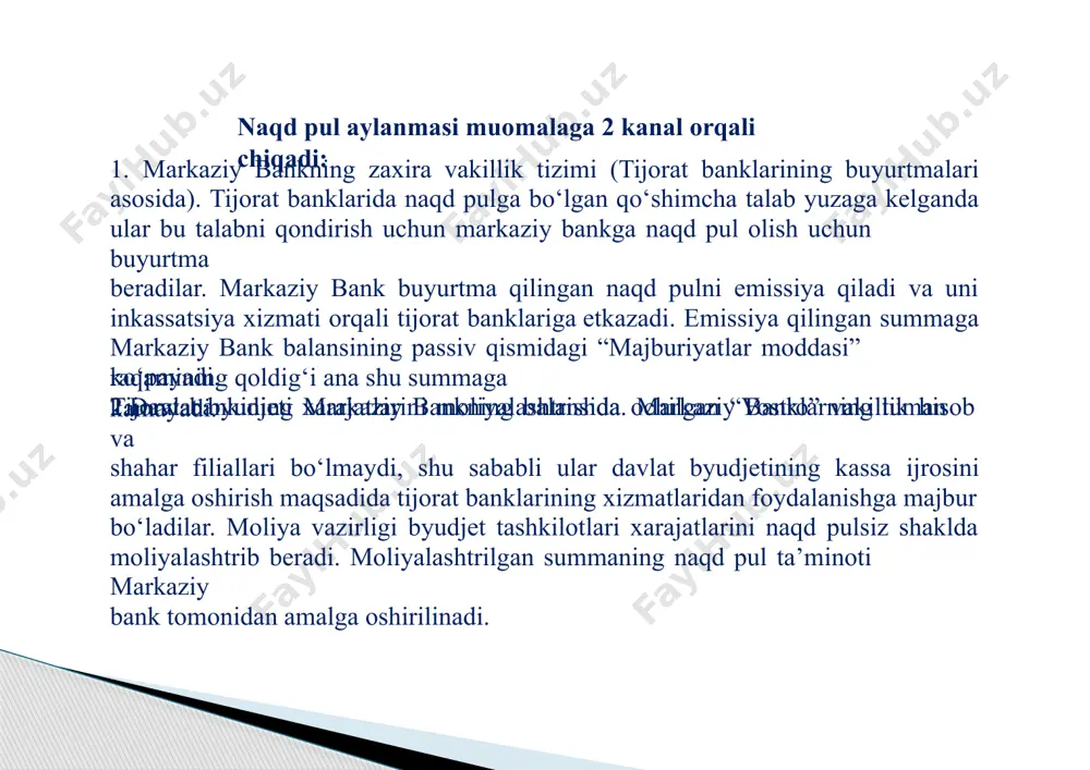ga oshirish pul aylanmasini tashkil etadi. naqd pul aylanmasi–bu qog‘oz pullar va tanga pullar vositasida amalga oshirilib, naqd pullar harakati jarayonida namoyon bo‘ladi. naqd pul aylanmasi asosan jismoniy shaxslar va yuridik shaxslar o‘rtasida vujudga keladigan ayirboshlash munosabatlarini amalga oshirishga xizmat qiladi. naqd pulsiz aylanmalar–bu kredit muassasalarida ochilgan hisobraqamlar yordamida pullarni hisobdan hisobga ko‘chirish orqali amalga oshiriladi. pul doimiy ravishda “harakatda” bo‘ladi, bu harakat davomida juda ko‘plab tovar va xizmatlarni sotish va sotib olish jarayonida bevosita ishtirok etib, sotuvchi va sotib oluvchilarga xizmat qiladi. xususan, pul o‘z harakati jarayonidabozordagi talab va taklifdan kelib chiqqan holda tovarlar va xizmatlar bahosini belgilaydi, bu pulning qiymat o‘lchovi, muomala vositasi va to‘lov vositasi funksiyalari orqali amalga oshiriladi. pul vaqtinchalik hisob–kitoblar va aylanmalarda ishtiroketmagan vaqtda jamg‘arma vositasi funksiyasini bajarish orqali, o‘zining sohibiga qo‘shimcha daromad keltirdi va real iqtisodiyotda muhim rol o‘ynaydi. pul aylanmasi tarkibida naqd yoki naqdsiz hisob–kitoblar bilan amalga oshirilayotgan to‘lovlar hajmining yuqori yoki pastligiga …
