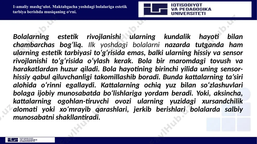 -turt yoshdagi bolalar uchun. o‘yin. mazmunli o‘yinlar o‘ynash vaqtida ertak va she’rlardagi tanish iboralardan foydalanish, qo‘shiq aytish, raqsga tushish; tovushlar, ya’ni ularning balandligi, kuchi, tembrini farqlash; hayvonlarning tovushlariga tahlid kilib ovoz chiqarish, ularni og‘zaki didaktik va mazmunli o‘yinlarda qo‘llash; harakatli o‘yinlar, xoro-vodlarda harakatlar izchilligi va shakli, ya’ni doyra qatorga rioya kilib ishtirok etish, tarbiyachi yordamida saflanishning to‘g‘riligini aniqlash, tanish o‘yinlarni o‘ynash, xorovodlarni boshqarish; mustaqil va jamoa orasida qo‘shiq aytish, raqsga tushish, she’r o‘qishga odatlanish va mashg‘ulot-lardan zavqlanish; o‘z tengdoshlarining qo‘shiq aytishlariga e’tiborli bo‘lish; tarbiyachining ashula, she’r, o‘yinlar, tinglash, uning savollariga javob berish. 1-amaliy mashg‘ulot. maktabgacha yoshdagi bolalariga estetik tarbiya berishda musiqaning o‘rni. mustaqil badiiy faoliyat va ko‘ngil ochishlar. tarbiyachining tavsiyasi bilan musiqa tinglash, raqsga tushish, musiqali o‘yinchoqlarni o‘ynash; katta guruh bolalarining chiqishlarini, stol va qo‘g‘irchoq teatri spektakllaridan sahnalarni faol idrok etish; bayram ertaliklari va ko‘ngil ochishlarda qatnashish. to‘rt-besh yoshdagi bolalar uchun. o‘yin. o‘yinlarda qatnasha turib, mazmunini o‘ylab topish, turli o‘yiichoqlar …