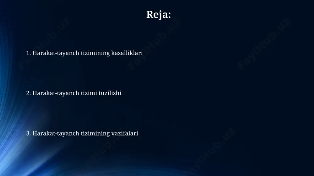 araja burchak ostida harakatlanishi mumkin, bu esa yurish, yugurish va sakrash kabi harakatlarni amalga oshirishga imkon beradi. bo'g'imlarning 200 dan ortiq turi mavjud bo'lib, ularning har biri anatomik tuzilishi va funksiyasi jihatidan farq qiladi, masalan, tizza bo'g'imi kabi murakkab bo'g'imlar va bosh suyagi tikuvlari kabi oddiyroq bo'g'imlar mavjud. harakat-tayanch sistemasining diagnostikasi va davolash usullari harakat-tayanch sistemasining diagnostikasida 3d kompyuter tomografiyasi (kt) va magnit-rezonans tomografiyasi (mrt) kabi zamonaviy tasvirlash usullari samarqanddagi shifoxonalarda keng qo‘llanilmoqda, bu esa aniq diagnostika qo‘yish imkoniyatini 95% ga oshirmoqda. osteoartritning 2-3-darajali og‘ir shakllarida andijon viloyati shifoxonalarida 70% hollarda protezlash jarrohlik amaliyoti tavsiya etiladi, bu bemorlarning harakat qobiliyatini sezilarli darajada yaxshilaydi va hayot sifatini oshiradi. mushaklarning turlari va funksiyasi odamning oyoq-qoʻllaridagi mushaklarning kuchi va chidamliligining oshishi, masalan, muntazam jismoniy mashqlar, jumladan, ogʻirlik koʻtarish yoki velosipedda yurish kabi faoliyatlar orqali 25% ga yaxshilanishi mumkin, bu esa 3 oy ichida sezilishi mumkin. mushaklarning 3 asosiy turi mavjud: silliq mushaklar (ichaklar …