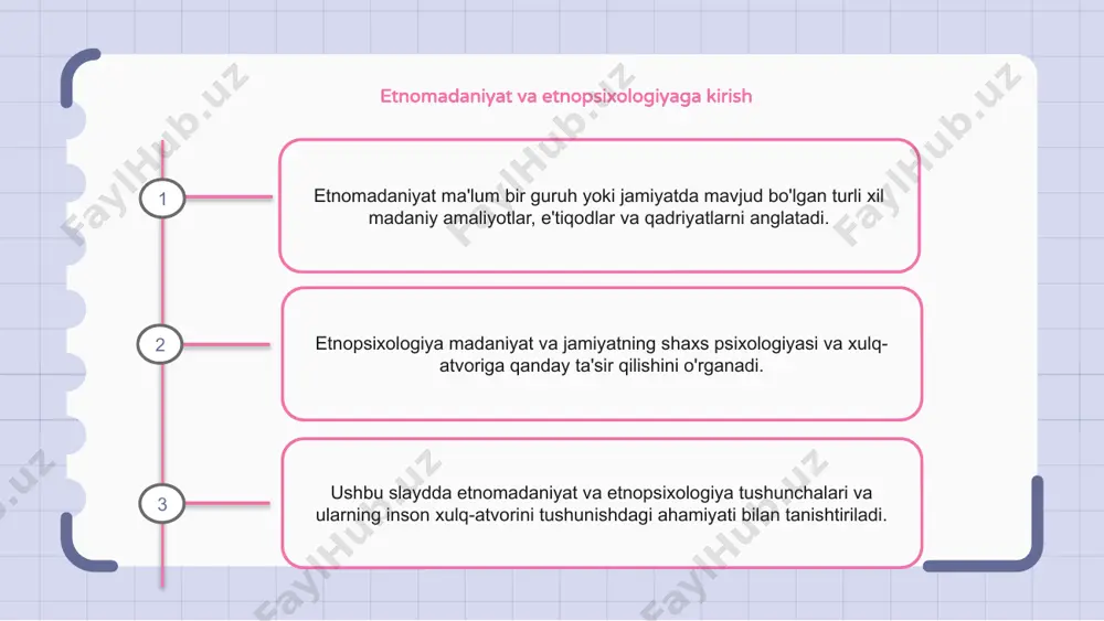 daniy ta'sirlar etnomadaniyat shaxsning ruhiy salomatligini shakllantirishda muhim rol o'ynaydi. madaniy e'tiqodlar, amaliyotlar va tajribalar odamlarning hissiy farovonligini qanday qabul qilishlari va boshqarishlariga ta'sir qiladi. etnopsixologiya ruhiy salomatlikka insonning madaniy kelib chiqishi ta'sir qilishini tan oladi. turli madaniy guruhlar ruhiy salomatlik va kasalliklarga turli e'tiqodlar, qarashlar va yondashuvlarga ega bo'lishi mumkin. ruhiy salomatlikka madaniy ta'sirlarni tushunish samarali va madaniy jihatdan sezgir yordam ko'rsatish uchun juda muhimdir. bu turli xil dunyoqarashlarni, qadriyatlarni va ularga qarshi kurashish mexanizmlarini tan olishni talab qiladi. etnopsixologiya va madaniyatlararo maslahat etnomadaniyat deganda shaxs psixologiyasini shakllantiruvchi etnik va madaniy omillarning birikmasi tushuniladi. etnopsixologiya madaniyatning psixologik jarayonlar va ruhiy salomatlikka qanday ta'sir qilishini o'rganadi. madaniyatlararo konsultatsiya - bu madaniyatga sezgir bo'lgan va turli kelib chiqishi bo'lgan shaxslar uchun mos keladigan terapiya va yordam ko'rsatishga qaratilgan soha. 1 2 3 etnomadaniy xilma-xillikning psixologiyaga ta'siri etnomadaniyat va etnopsixologiya etnomadaniy xilma-xillikning psixologiyaga ta'sirini o'rganadi. etnomadaniy xilma-xillik odamlarning e'tiqodlari, qarashlari, xatti-harakatlari va …