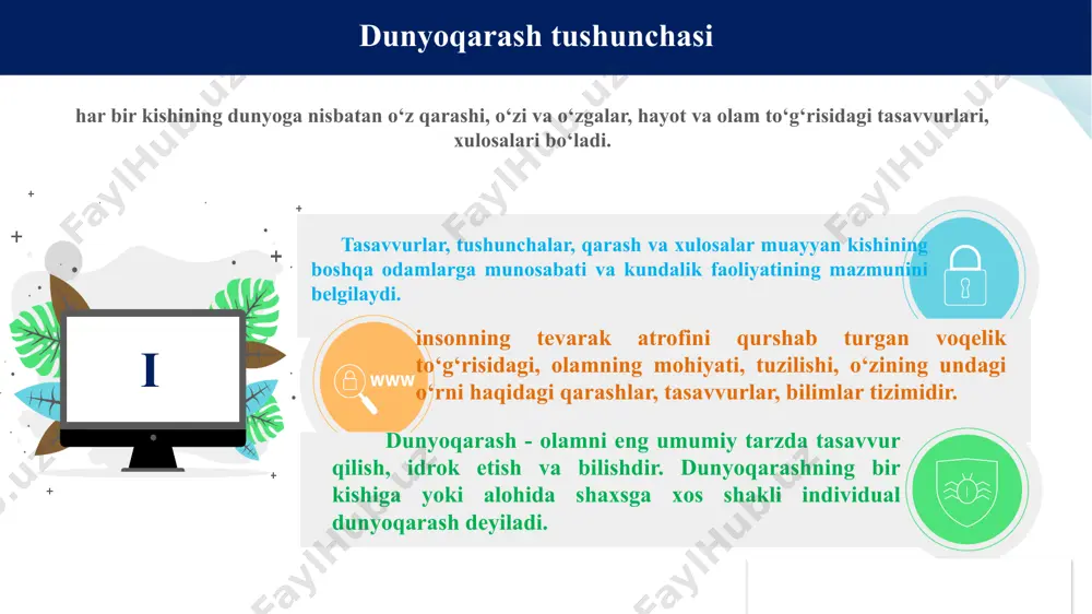 falsafiy. falsafa - qadimgi xitoy, hindiston, bobil (vaviloniya). fan- ijtimoiy ong shakllaridan biri, inson bilimining asosiy ko’rsatqichi va natijasi. falsafaning asosiy vazifasini -borliq va ongning eng umumiy qonunlarini o‘rganish, to‘g‘ri xulosa chiqarish, kelajakni bashorat qilishdan. falsafa nimadan bahs yuritadi? - dunyo, undagi inson o’rni, insonning dunyoga bo’lgan munosabati haqidagi eng umumiy nazariy qarashlar tizimi. ii falsafaning strukturasi: «axborot-raqamli tsivilizatsiyaga - uning tahdidlari va umidlari, ular tomonidan shakllantirilgan "raqamli avlod". bir tomondan, identifikator raqamli jamiyatda boshqariladigan ob'ektning nomidir. sivilizatsiya eshitish va vizual fiziologik analizatorlarni atrofiyaga aylantiradi va deformatsiya qiladi, yosh avlodning ruhiy xususiyatlarini o'zgartiradi. boshqa tomondan, bizga raqamli olamni taklif qilgan pifagorchilar kabi yoshlar ijtimoiy hayotni raqamlashtirishni organik ravishda, hayotning tabiiy muhitiga integratsiya sifatida qabul qiladilar. raqamli tsivilizatsiya nima?raqamli tsivilizatsiya. raqamli tsivilizatsiya deganda biz turli masshtabdagi va har xil aniqlikdagi hisoblash tartib-qoidalariga asoslangan axborot-kommunikatsiya texnologiyalari identifikatori asosida qurilgan sayyoraviy tsivilizatsiyani tushunamiz, bu esa voqelikning kod shaklida tasvirlarini yaratish imkonini beradi. mazkur …