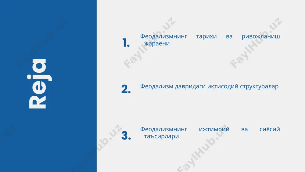 льчиларнинг фаолияти уларнинг ижтимоий мақомини юксалтирса, деҳқонлар ўз ижтимоий мақомини пасайтиришга дуч келган. swot таҳлили: - кучли томонлар: ижтимоий структуранинг мустаҳкамлиги. - заиф томонлар: деҳқонларнинг ижтимоий ислоҳотларга эришишдаги муаммолари. - имкониятлар: ижтимоий класслар ўртасидаги муносабатларни яхшилаш. - хавфлар: ижтимоий адолатсизлик ва иқтисодий фақр. [ижтимоий структура расмлари] феодализм давридаги иқтисодий структуралар феодализм давридаги иқтисодий структуралар жамиятнинг иқтисодий асосини ташкил этган. улар, асосан, аграр иқтисодиётдан, савдодан ва ҳунармандчиликтан иборат. асосий элементлар: аграр иқтисодиёт, қолдириш, ҳунармандчилик, савдо. ушбу элементлар бир-бири билан мос келишган ва ижтимоий алоқаларни шакллантирган. иқтисодий мустақиллик: феодаллар ўртасидаги иқтисодий алоқалар, хўжалик фаолияти ва ресурсларни тақсимлаш. феодал тизими иқтисодий мустақилликка эришишда муҳим роль ўйнаган. ижтимоий алоқалар: феодализм давридаги ижтимоий тузилмалар, феодаллар, деҳқонлар ва хунармандлар ўртасидаги муносабатлар. уларнинг иқтисодиётга таъсири жуда катта. 1 2 3 4 феодализм ва ер мулкдорлиги феодализм даврида ер мулкдорлиги иқтисодий муҳитда муҳим роль ўйнаган. ер мулкдорлари ўз ерларини самарали фойдаланиш учун деҳқонлар билан алоқаларни ўрнатганлар. ер мулкдорлари …