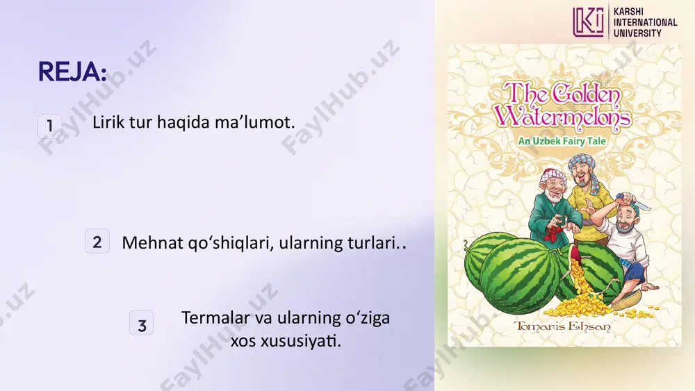 k qo‘shiqlarini 1. lirik; 2. mehr baytlari; 3. terma; 4. mehnat qo‘shiqlari; 5. mavsum-marosim qo‘shiqlariga bo‘ladi 13 qo‘shiqlar ijro o‘rni, holati, musiqaga munosabati va badiiyatidan kelib chiqib: 1) ijro o‘rni; 2)poetik strukturasi, 3) musiqiyligi va raqsga munosabatiga qarab tasnif etilishi lozim ijro o‘rniga qarab tasnif etilganda qo‘shiqlar: marosim va nomarosim qo‘shiqlariga ajraladi. o‘z navbatida marosim qo‘shiqlari ham ikki: mavsum marosim va oilaviy-maishiy marosimlar qo‘shiqlariga bo‘linadi. mavsumiy marosim qo‘shiqlari mavzutik va funksional xususiyatlariga ko‘ra, yilning to‘rt mavsumi bilan bog‘liq (navro‘z, sust xotin, choy momo, obla baraka, yasun-yusun) bilan bog‘liq qo‘shiqlarni kiritish mumkin ayrim mavsumiy marosim qo‘shiqlari davrlar o‘tishi bilan lirik qo‘shiqlarga aylangan holatlar mavjud. «qoshingni qora deydilar», «kichkinajon – kichkina», bolalarning «boychechak», «chuchvara qaynaydi», «oftob chiqdi olamga» qo‘shiqlari ana shular jumlasidandir. bu qo‘shiqlar dastlab faqat mavsum marosimida ijro etilgan. «qoshingni qora deydilar», «kichkinajon kichkina», «boychechak» bevosita navro‘z, ya’ni bahorgi marosim bilan bog‘liq. oilaviy-maishiy marosim qo‘shiqlari safiga to‘y, farzandning tug‘ilishi, xatna to‘yi …