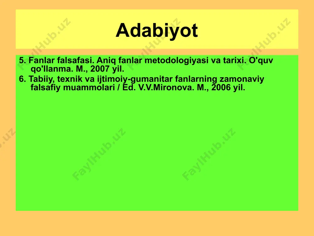 ir l. laudan ...bilimning o'sishi bilan biologik o'sish, ya'ni o'simliklar va hayvonlarning evolyutsiyasi o'rtasida yaqin o'xshashlik mavjud. k. popper ilm-fan bilan aloqasi bo'lmagan bilim nazariyasi bo'sh sxemaga aylanadi. bilim nazariyasisiz fan... ibtidoiy va chalkash bo'lib qoladi a. eynshteyn ilm-fan, birinchi navbatda, oldingi avloddan meros bo'lib qolgan bilimlar massasiga mutanosib ravishda oldinga siljiydi f. engels fan falsafasining predmeti 5 fan falsafasining predmeti ijtimoiy instituti fenomen madaniyat kognitiv faoliyat va uning natijasi fan fan tasvirlari 6 fan falsafasining predmeti fanning falsafiy-metodologik muammolari ilmiy bilimlarning tabiati ilmiy mezonlar haqiqat mezonlari ilmiy bilim asoslash muammosi ilmiy bilim orasidagi munosabat empirik va nazariy bilimlar o'sish muammosi ilmiy bilim muammo fon bilimlari falsafaning boshqa savollari va ilmiy metodologiya 7 fan falsafasining predmeti zamonaviy falsafa fan ontologiya epistemologiya metodologiya fan mantiqi antropologiya aksilogiya 8 fan falsafasining predmeti asosiy tushunchalar internalist yondashuv eksternalist yondashuv fan pozitivizm neopozitivizm pozitivist bo'lmagan tushunchalar (post-pozitivizm) k. popper i. lakatos t.kun art. toulmin …