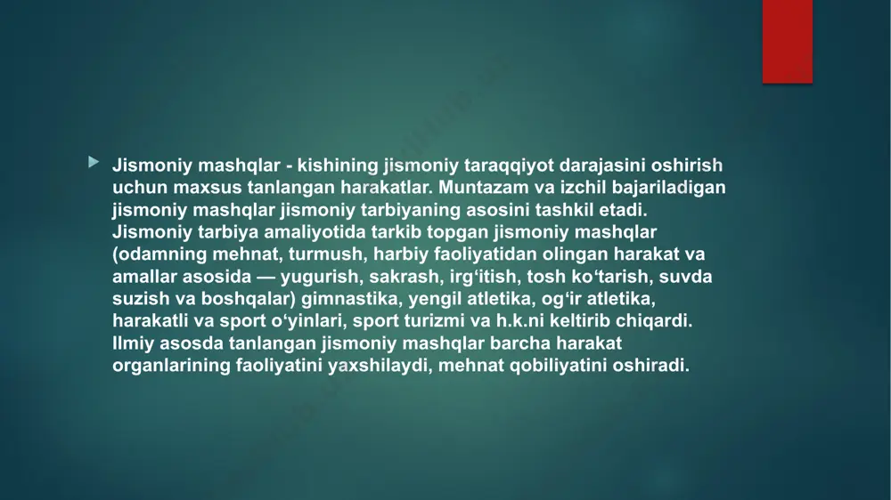 vaqt oʻtishi bilan ibtidoiy odamlar ovga gala-gala boʻlib chiqadigan boʻldilar. ibtidoiy qurollar: tosh, qirrali tosh boylangan nayza, xas-choʻp bilan nomigagina berkitilib qoʻyilgan chohlardan va boshqalardan ovchilar foydalana boshlashgan, ijtimoiy ong shakllana boshlangan. ovda ishtirok etolmay qolgan qabilani qariyalari yoshlarga toshni nishinga otish, uni zarbini kuchaytirishni mashq qildira boshlagan va bu bilan tarbiyaga asos solingan tarbiya jarayonining elementlari shakllana boshlagan. keyinchalik uloqtirish, quvib yetish yoki qochish uchun yugurish, sakrashlar mashq qilina boshlangan. bu esa jismoniy mashqlarni hamda jismoniy tarbiyaning elementlarini vujudga kelishi va shakillanish davri deb qaralgan. shu kunga kelib bu mashqlar hozirgi zamonning yengil atletika, gimnastika, sport oʻyinlari, yakka kurashlari, turizm va sportning boshqa turlari tarzida jismoniy tarbiya jarayoni uchun asosiy vosita sifatida foydalanilmoqda. jismoniy mashqlar xillarining koʻpayishiga insonning mehnat faoliyati ham ta’sir koʻrsatdi. ma’lumki, mehnat jismoniy kuch, chidamlilik, tezkorlik, chaqqonlikdek insonning jismi (harakat) sifatlarining ma’lum darajadagi tayyorgarligi, uning rivojlanganligini talab qiladi. tarbiya amaliyotida, asosan, inson mehnat faoliyatida qoʻllaydigan harakatlarini …
