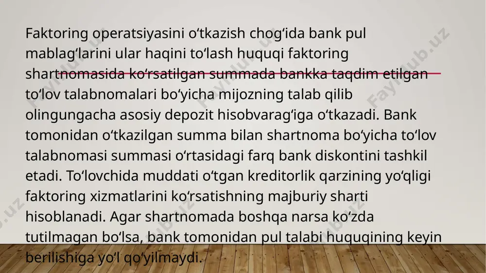 rini jalb qilish orqali qoshimcha xizmat turlari (konvertatsiya va valyuta operatsiyalari, pul o‘tkazmalari, moliyaviy lizing, sindikatlangan kredit va h.k.) ni taklif etish;  kredit reytingi yuqori va dunyoda o`z mavqeiga ega bo`lgan garant global network hamda boshqa moliya institutlarining tasdiqlash xizmatidan foydalangan holda savdoni moliyalashtirish va kafolatlash bizneslarini rivojlantirish;  yangidan ishlab chiqilgan hamda raqobatbardosh tariflarga ega bo`lgan raqamli bank dasturlari (internet bank va mobil ilova) orqali tranzaksion bank xizmati va valyuta operatsiyalari xizmati hajmini kengaytirish; e’tiboringiz uchun raxmat image2.jpeg image3.jpeg image1.jpg /docprops/thumbnail.jpeg
