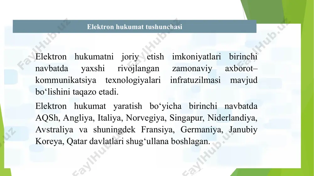 anlari resurslarini ta’minlash axborot xavfsizligiga xatarlarni taxlili va tavsifi “elektron xukumat” tizimini axborot xavfsizligini takomillashtirish bo‘yicha qarorlarni ishlab chiqish “elektron hukumat”“ tizimini rivojlantirish markazining maqsad va vazifalari jahon tendensiyalari va xorijiy davlatlar tajribasining tahlil va tadqiqoti asosida “elektron hukumat” tizimini rivojlantirish va takomillashtirishni strategik yo‘nalishlarni ishlab chiqish. “elektron hukumat” tizimi loyihalarini amalga oshirishning me’yoriy-metodik ta’minlanishini tashkil qilish, davlat organlarida foydalanilayotgan axborot tizimlari, axborot resurslari va ma’lumotlar bazalarini ishlab chiqish va integratsiyalashda yagona texnologik yondashuvni ta’minlash. davlat xizmatlarini ko‘rsatish bilan bog‘liq bo‘lgan, innovatsion biznes jarayonlarini boshqarish mexanizmlarini joriy qilish, takomillashtirish va optimizatsiyalash bo‘yicha takliflar tayyorlash, davlat organlarining funksional va operatsion jarayonlari faoliyatini tizimli qayta tashkillashtirish. elektron hukumat” tizimi loyihalarini amalga oshirish doirasida yo‘naltirilgan indikatorlar va ko‘rsatkichlarni aniqlash, interaktiv davlat xizmatlarining samarali taqdim etilishining asosiy ko‘rsatkichlarini aniqlash metodikasini ishlab chiqarish. “elektron hukumat” tizimini samarali tadbiq qilish uchun yo‘naltirilgan tahlilni o‘tkazish va amaldagi me’yoriy- huquqiy bazalarni takomillashtirish bo‘yicha takliflar tayyorlash. davlat organlari faoliyatidagi …