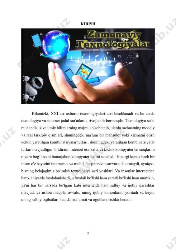 bo’lgan shart-sharoitlar, rejalar va islohotlari haqida batafsil ma’lumotlar keltirib o’tdim. 1.2. ishning aktualligi ushbu kurs ishimda, it sohasini rivojlantirish sxemasi, ommaviy professional texnologiyalarni o’rganishni har tomonlama rivojlantirish chora tadbirlari, it o’rganish sohasidagi huquqiy bazani keng ko’lamda takomillashtirish rejalari haqida, shu bilan birga, zamonaviy texnologiyalarni yillik strategiyasi, mavzuga doir mental karta hamda dashboard exel sxemalari haqida ma’lumotlar keltirib o’tilgan. 1.3. kurs ishining bosqichlari kurs ishimni bajarish jarayonida ilmiy va malakaviy ishlarim umumiy holatda amalga oshirilib, ular orasida quyidagilar birinchi darajada ahamiyatga ega. ya’ni kurs ishi ustida ishlash jarayonida tanlangan mavzuni diqqat va ahamiyat bilan o’rganish, uning yo’nalishlarini tahlil qilish kabi jarayonlarni chuqur o’rganish talab qilinadi. kurs ishim quyidagi bosqichlardan iborat. 1) fanning dolzarb mavzusi va muammolarini o’rganish. 2) kurs ishi rejasini tuzish; 3) nazariy masalalar va amaliy materiallarni umumlashtirish, tahlil qilish, qaytadan ishlab chiqish kabi bosqichlardan iborat buladi. men bu jarayonlarni umumiy holatda quyidagi bosqichlarga bulib chiqdim. kirish, asosiy qism, 2 …