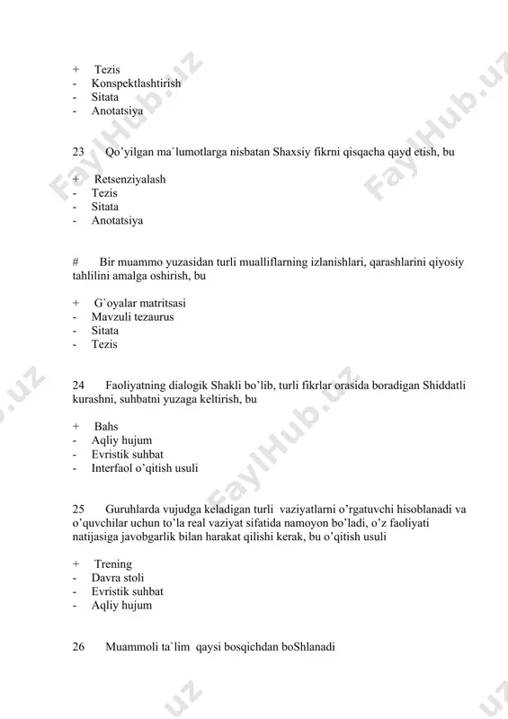ish ko’nikma malakalari bilan qurollantirish uchun ularni o’qitishning eng samarali shakl, metod va usullarini tizimlashtirish, bu psixologiya fanlarini o’qitish metodikasi fanining + vazifasi - predmet - ob’ekt - maqsad 37 talabalar muayyan o’quv harakatlarini qaytarishlari kerak. bu o’qitishning qaysi metodiga xos xususiyat + reproduktiv metod - ko’rgazmali-tushuntiruvchi metod - muammoli metod - tadqiqotchilik metodi 38 o’qituvchi talabalarning oldiga muammo qo’yadi va uning hal qilish yo’lini ko’rsatadi. bu o’qitishning qaysi metodiga xos xususiyat + muammoli metod - tadqiqotchilik metodi - ko’rgazmali-tushuntiruvchi metod - reproduktiv metod 39 o’qituvchining u yoki bu metodni tanlashi qanday omillarga bog`liq + ta`lim dasturining maqsadi, o’quv materialining mazmuni, ajratilgan vaqt, o’quvchi va talabalarning tayyorgarlik darajasi, o’quv materialining yoritilganlik darajasi - o’qituvchining kasbiy tayyorgarlik darajasiga - talabalarning faollik darajasiga - o’qituvchi va o’quvchi o’rtasidagi munosabatlar tizimiga 40 maqsadga, kutilayotgan natijaga borish yo’li, usuli degan ma`noni anglatuvchi tushuncha, bu + metod - texnologiya - usul - metodika 41 bilim …