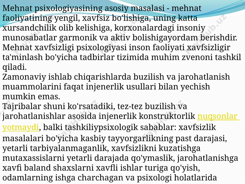 sa xavfi ostida qolishi. nerv tizimi oliy bo'limlari harakatlanuvchi markazlari bilan sensori o'rtasidagi aloqalarning buzilishu sunday o'zgarishlar oqibatida inson sezish organlari bilan qabul qiladigan tashqi ta'sirni aniq va tez fahmlashga loyiq emas, ya'ni ko'pchilik baxtsiz hodisalar sodir bo'lishida funksional buzilishlar bosh rol o'ynaydi. harakat koordinatalarining kelishishida sodir bo'ladigan nuqsonlar. u yoki bu harakatni bajaruvchi muskullar bosh miyaning har xif harakatlanuvchi markazlaridan boshqariladi. ko'pchilik odamlarda bit markazlarning faoliyati yetarsiz darajada kelishilmasdan kechadi, natijada murakkab kombinatsiyalashgan harakatlardan tashkil topgan ishchi usul va operatsiyalarni bajarishda ayrim uzilishlarni kuzatish mumkin: vaqtivaqti bilan ishchi o'zini yo'qotadi, ayrim harakatlarni qo'yib yuboradi. bunday holatlarda harakatlarning kelishilmaganligi emotsional uyalishdagi e'tibor va holat nuqsonlari bilan qo'shiladi. koordinatsiyaga ega bo’lmagan harakatdagi odamlarni baxtsiz hodisa xavfi bo'lgan ishlarda iloji boricha ishlatmaslik maqsadga muvofiqdir, ayrim hollarda ularni boshqa ishga o'tkazish lozim. arzimas tashqi qo'zgatuvchiga nisbatan o'tkir emotsional reaksiya. yengiltaklik, oqibatlarini o'ylamaslik, bajarishdagi sxoshma- sxosharlik, o'ylash jarayonlarining yuzaki xarakteri, fikrlash doirasining yo'qligi ishda …