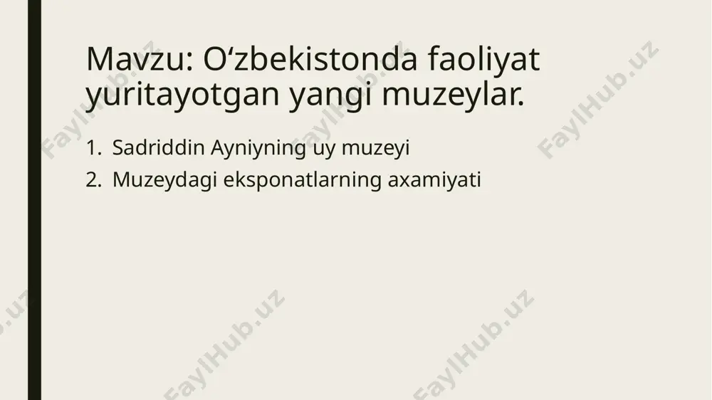 hni dam olish xonasida esa gʻafur gʻulom, abdurauf fitrat, hamza hakimzoda niyoziy, abdullo gʻani, mirtemir, usmon nosir, hamid olimjon kabi mehmonlarni va baʼzan ayniynikida tunab qolishga keladigan boshqa mashhur shoir va yozuvchilarni qabul qilgan. uyning hovlisida ayniyning oʻzi ekkan daraxtlar oʻsib yotibdi, ular orasida: ikkita olma daraxti (yozuvchining sevimli mevasi), shaftoli va uzum bor. shuningdek, uyda uning asarlari, yozuvchining koʻplab tillarda nashr etilgan kitoblari, oʻsha davr gazeta va jurnallarida chop etilgan asl qoʻlyozmalari koʻrgazmasi tashkil etilgan. ekspozitsiyadan oʻzbek tilida 8 jildlik, tojik tilida 15 jildlik, rus tilida 6 jildlik, shuningdek, fors va boshqa tillarda bir necha jildlik kitoblar oʻrin olgan. uzoq vaqt davomida koʻchada, yaʼni ayniyning uyi yonida boʻlgan sadriddin ayniy byusti uyning hovlisida oʻrnatilgan. shuningdek, ushbu uy-muzeyda madaniy tadbirlar, ijodiy uchrashuvlar oʻtkazib turiladi o‘zbekiston hukumati mashhur tojik yozuvchisi sadriddin ayniyning samarqand shahridagi uy-muzeyini ta’mirdan chiqarish haqida qaror qabul qildi. mamlakat hukumati uyni ta’mirlash uchun 300 mln so‘m (37 ming …