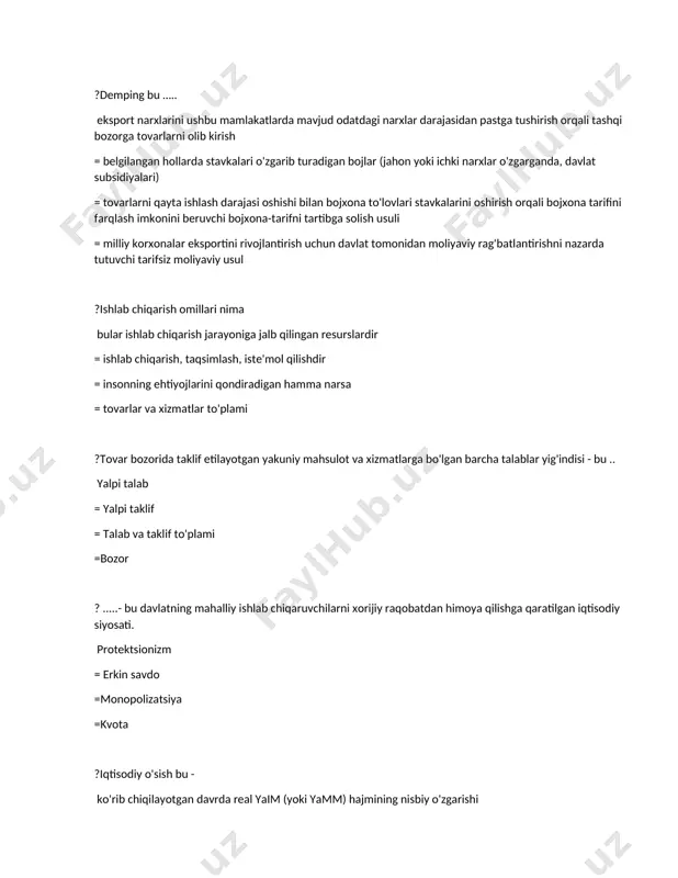 rish hajmini oshirish =ishlab chiqarishning qo'shimcha omillarini jalb qilish orqali rivojlanish = ishlab chiqarish jarayonini kengaytirilgan miqyosda qayta tiklash ?xaridorning ma'lum miqdordagi tovarlarni ma'lum bir joyda ma’lum bir aniq narxda sotib olish istagi va qobiliyati ..... talab = iste’mol =bozor =taklif ?iqtisodiy o'sish sur'atlari ..... yuqori, nol, salbiy, optimal = real yaim, aholi jon boshiga real yaim, real qiymat shaklida =optimal, yuqori, aholi jon boshiga real yaim = real yaim qiymatlari, manfiy, natura ?ekstensiv iqtisodiy o'sish deganda - ishlab chiqarishning qo'shimcha omillarini jalb qilish orqali rivojlanish = ishlab chiqarish jarayonini kengaytirilgan miqyosda qayta tiklash = ishlab chiqarish omillarining mavjud sonini saqlab qolgan holda ishlab chiqarish hajmini oshirish = quyida keltirilgan barcha javoblar ?iqtisodiy o'sishning ijobiy ta'siri barcha javoblar to'g'ri = umr ko'rish davomiyligini oshirish = ijtimoiy dasturlarni kengaytirish = farovonlik darajasining o'sishi, fan va ta'limning rivojlanishi ?iqtisodiy o'sishning salbiy ta'siri barcha javoblar to'g'ri =daromadlar tengsizligini oshirish = hissiy va psixologik …