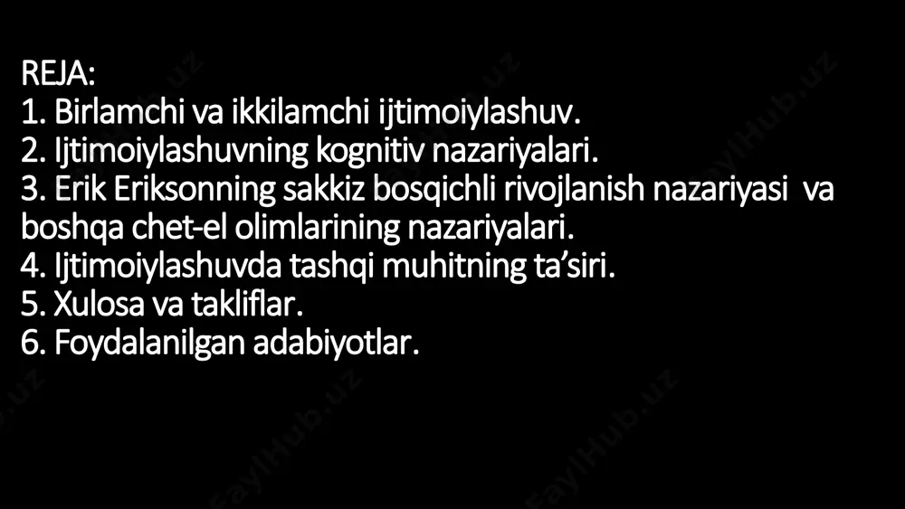 sializatsiya 1 birlamchi sotsializatsiya erta bolalik davrida, birinchi navbatda, oilada sodir bo'ladi, bu erda shaxslar o'z madaniyatining asosiy me'yorlari, qadriyatlari va xatti-harakatlarini o'rganadilar. asosiy ko'nikmalar va qadriyatlarni o'rganishda shaxsga ularning asosiy munosabatlari (oila, aka-uka, tengdoshlar guruhi va boshqalar) kuchli ta'sir qiladi. birlamchi sotsializatsiyaning muhim qismi bu "to'g'ri" va "noto'g'ri" xatti-harakatlarni o'rgatishdir. 2 ikkilamchi sotsializatsiya ta'sir etuvchi omillar oiladan tashqarida bo'lib, boshqa tengdosh guruhlarga (masalan, ta'lim muassasalari va ish joyi) ta'sir qiladi.ta'sir etuvchi omillar oiladan tashqarida bo'lib, boshqa tengdosh guruhlarga (masalan, ta'lim muassasalari va ish joyi) ta'sir qiladi. ta'sir etuvchi omillar oiladan tashqarida bo'lib, boshqa tengdosh guruhlarga (masalan, ta'lim muassasalari va ish joyi) ta'sir qiladi. 3 hayotiy jarayoni ijtimoiylashuv-bu doimiy jarayon, chunki shaxslar hayotlari davomida yangi ijtimoiy kontekst va rollarga duch kelishadi, doimo moslashadilar va rivojlanadilar. 6 ijtimoiylashuvning kognitiv nazariyalari ijtimoiylashuv jarayonining ta'sirini solishtirish uchun o'rganilishi mumkin bo'lgan ba'zi asosiy nazariyalar mavjud. o'z-o'zini rivojlantirish nazariyasi: ch cooley ta'kidlaganidek, shaxsning o'zini yoki …