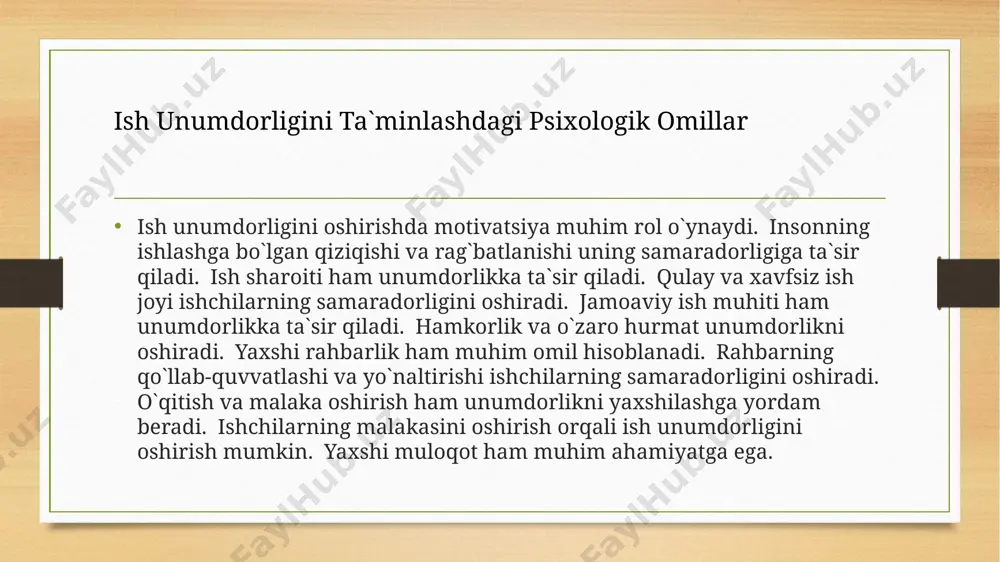 rtiza natijalari yanada ishonchli bo`ladi. ekspertiza xizmatlariga bo`lgan talab ortadi. ekspertizaning qo`llanilish sohalari kengayadi. ekspertizaning metodologiyasi takomillashib boradi. ekspertiza sohasidagi mutaxassislarning malakasi oshadi. ekspertiza sohasidagi tadqiqotlar kuchayadi. kelajakdagi tendentsiyalar mehnat psixologiyasi ekspertizasi insonning mehnat faoliyatini o`rganish va yaxshilashga qaratilgan muhim sohadir. uning ahamiyati zamonaviy ish sharoitlarida ortib bormoqda. ekspertiza yordamida ish unumdorligini oshirish, kasbiy stressni kamaytirish va mehnat jamoasidagi psixologik iqlimni yaxshilash mumkin. ekspertiza turli sohalarda qo`llaniladi va kelajakda yanada rivojlanadi. mehnat psixologiyasi ekspertizasi inson resurslarini boshqarishda muhim rol o`ynaydi. uning amaliy ahamiyati juda katta. ekspertiza natijalari ish beruvchilar va ishchilar uchun foydali bo`ladi. ekspertiza yordamida mehnat jarayonini yanada samarali va qulay qilish mumkin. xulosa 1. mehnat psixologiyasi, a.a. umarov, 2020, toshkent davlat universiteti nashriyoti 2. kasbiy tanlash va moslashuvchanlik, b.b. xolmatov, 2022, o`zbekiston milliy universiteti nashriyoti 3. stress va uning oldini olish, s.s. karimov, 2021, fan va texnologiyalar nashriyoti 4. jamoaviy psixologiya, m.m. mirzaev, 2019, o`qituvchi nashriyoti 5. psixologik …