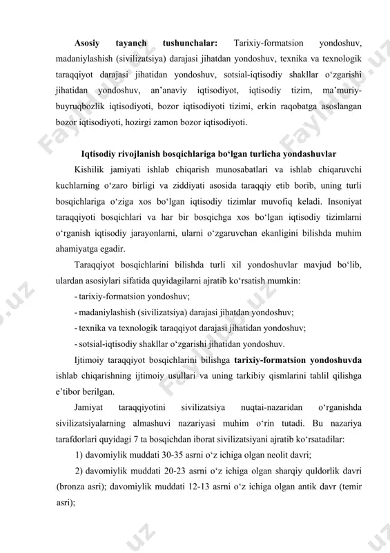 an iborat sivilizatsiyani ajratib ko‘rsatadilar: 1) davomiylik muddati 30-35 asrni o‘z ichiga olgan neolit davri; 2) davomiylik muddati 20-23 asrni o‘z ichiga olgan sharqiy quldorlik davri (bronza asri); davomiylik muddati 12-13 asrni o‘z ichiga olgan antik davr (temir asri); 3) davomiylik muddati 7 asrni o‘z ichiga olgan erta feodal davri; 4) davomiylik muddati 4,5 asrni o‘z ichiga olgan industrlashishdan oldingi davr; 5) davomiylik muddati 2,5 asrni o‘z ichiga olgan industrial davri; 6) davomiylik muddati 1,3 asrni o‘z ichiga olgan yuqori industrlashish davri. bu qayd qilingan bosqichlardan ko‘rinib turibdiki, ushbu nazariyada turli qarashlar va yondoshuvlarni aralashtirish holatiga yo‘l qo‘yilib, jamiyat taraqqiyoti bosqichlarini ajratishning aniq bir mezoni yoki belgisi mavjud emas. jamiyat taraqqiyoti bosqichlariga texnologik yondoshuv ham ma’lum bir oqim xisoblanadi. ular jamiyat tarixiy taraqqiyoti davomida ro‘y berayotgan o‘zgarishlar ko‘lami va xarakterini yaxshiroq tushunib olish uchun ishlab chiqarishning turli texnologik usullarini tahlil etish, mashinalashgan ishlab chiqarishning vujudga kelishi va rivojlanish tarixiga murojaat …
