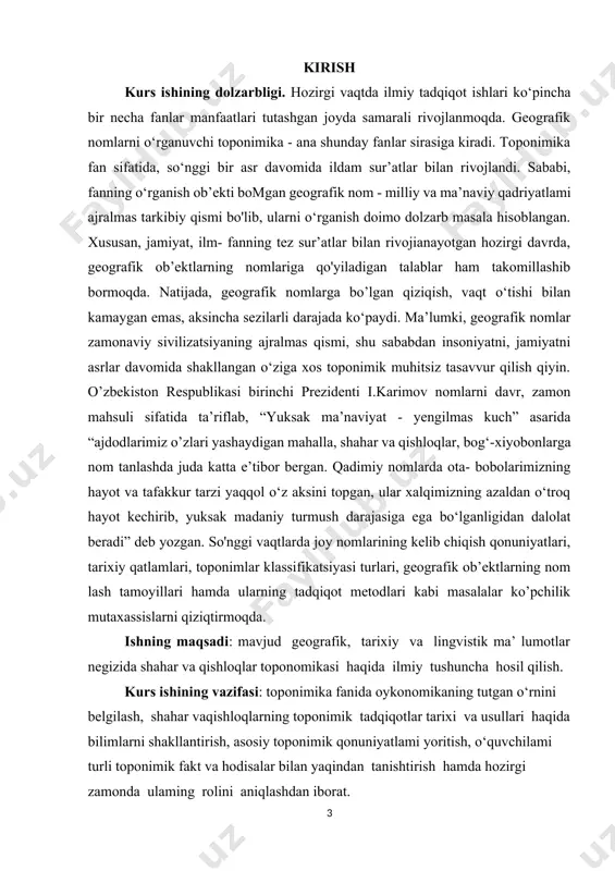 lov) — «yozda turiladigan joy» so'zining aksi. aholi punktlari aholisining soni va iqtisodiy ma’muriy ahamiya- tiga qarab shaharcha (posyolka), ovul (kichik qishloq yoki chorva- dorlar qishlog'i), qo‘rg‘oncha (katta qishloqdan ajralib chiqqan qishloq), mahalla (mustaqil qishloq yoki katta qishloqning bir bo‘lagi) kabi turlarga bo'linadi. o‘zbekistonda taxminan 13000 aholi punkti bor. bundan bir necha o‘n yil ulaming soni bundan ancha ko‘p bo'lgan. ko‘pincha qishloqlar yiriklashtirilgan yoki aholisi boshqa joylarga ko‘chirilgan. biroq «ko‘l qurisa ham nomi qurimaydi» deganday, bunday maskan- laming nomlari turli yozma yodgorliklarda, arxivlarda saqlanib qolgan. shunday qilib, o‘zbekiston oykonimlarining umumiy soni 25-30 mingga yetgan. bunday katta miqdordagi toponimlarni ilmiy tahlil qilish oson emas. oykonimlar toponimiyaning eng o‘zgaruvchan tarmog'idir. __________________ karimov i.a. tarixiy xotirasiz kelajak yo`q. – t., 1998. o‘lka tabiatining xususiyatlari, jamiyat hayotida asrlar davomida ro‘y ber- gan tarixiy, ijtimoiy va siyosiy hodisa-voqealar, aholining kasb-hu- narlari nomlari, aholi punktini birinchi bo‘lib o‘zlashtirgan yoki unga asos solgan kishining ismi, yoyinki, unda …