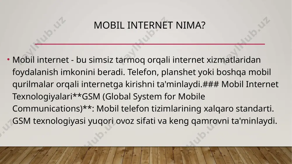 xlar va to’lovlar. xavfsiz foydalanish **antivirus dasturlarini ishlatish**: mobil qurilmalarda zararli dasturlar va viruslarga qarshi himoya qilish uchun antivirus dasturlarini ishlatish. **xavfsiz wi-fi xizmatlarini qo’llash**: ommaviy wi-fi tarmoqlaridan foydalanishda ehtiyot bo’lish. ma’lumotlarni saqlash uchun xavfsiz serverlarni ishlatish**: shaxsiy ma’lumotlarni xavfsiz saqlash uchun ishonchli serverlardan foydalanish. qonunchilik va reglamentlar o’zbekiston respublikasida mobil internet xizmatlariga oid qoidalar va qonunlar mavjud. xavfsiz foydalanishni ta’minlash uchun mobil operatorlar va foydalanuvchilar bu qoidalarga rioya qilishlari lozim. eʼtiboringiz uchun tashakkur image1.jpg /docprops/thumbnail.jpeg