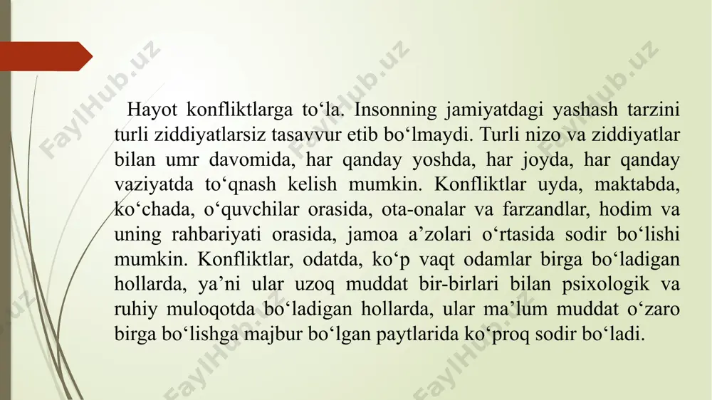 , balki yuzaga kelgan ziddiyatni hal qilish usulida, sotsial o‘zaro ta’sir (harakat) sub’ektlarining qarama-qarshiligida. konflikt mohiyati – umuman konflikt sub’ektlari o‘zaro qarama-qarshiligida bo‘ladi. ijtimoiy (sotsial) konflikt – bu: 1) ochiq qarama-qarshilik, ikki yo undan ortiq sub’ektlar – sotsial o‘zaro ta’sir ishtirokchilarining to‘qnashuvi bo‘lib, buning sabablari sotsial konflikt ishtirokchilarining o‘zaro zid manfaatlari va qadriyatlaridir; 2) sotsial ziddiyatlarning o‘ta keskinlashgan holati, turli sotsial birliklar – sinflar, millatlar, davlatlar, turli sotsial guruhlar, sotsial institut kabilar manfaatlarining ular manfaatlari, maqsadlari, taraqqiyot tendensiyalarining qarama-qarshiligi yoki jiddiy farq qilishi tufayli kelib chiqadi; 3) sotsial sub’ektlarning ob’ektiv ravishda farqlangan manfaatlari, maqsadlari, taraqqiyot tendensiyalarining ochiq-oydin yoki yashirin kurashi, to‘qnash kelishi, sotsial kuchlarning mavjud ijtimoiy tartibga qarshilik ko‘rsatish asnosida bevosita yoki bilvosita to‘qnashuvi, yangi sotsial birdamlikka tomon tarixiy intilishning alohida shakli; 4) konfliktli o‘zaro ta’sir sub’ektlari o‘zaro zid bo‘lgan yoki bir-birini istisno etadigan qandaydir o‘z maqsadlarini ko‘zlagan vaziyat. ijtimoiy konfliktlar konfliktologiyaning markaziy ob’ekti ya’ni yadrosi hisoblanib, u esa shaxslararo …