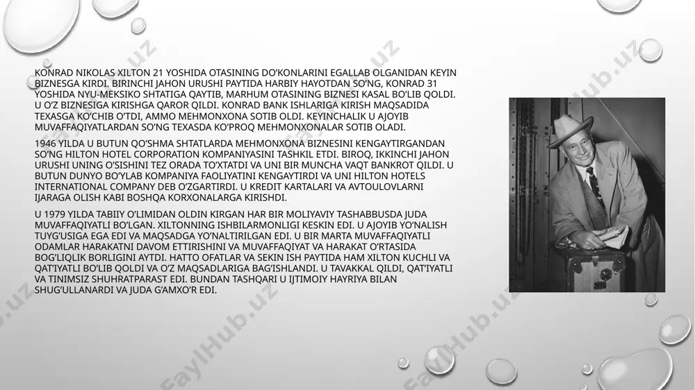 vi, ayniqsa, hozirgi tashkilotda eng samarali hisoblanadi, chunki u yaxlit afzalliklarga ega. konrad xilton juda muvaffaqiyatli rahbar edi. uning xususiyatlari xarizmatik, direktiv va transformatsion xususiyatlarga ega. biroq, konrad xiltonni to’g’ri tasvirlaydigan uslub transformatsion etakchilik uslubidir. yuqorida ko’rsatilgandek, rahbarning ko’rish, yo’nalish va maqsad ravshanligi bor edi. u o’z maqsadlari, vazifalarini bayon qilish va ularni o’z jamoalari va xodimlariga ta’sirchan tarzda moslashtirish uchun tug’ma qobiliyatga ega edi. uni deyarli pastga tushirgan vaziyatlarda u birlashib, g’alaba qozonardi. bu xodimlarni sadoqat va jamoaviy ishlarni rag’batlantirishga undaydi. ushbu ikki omil hissiy aql va vijdonlilik bilan birgalikda uning har bir ishiga ishongan xodimlarga uning ideallashtirilgan qiyofasini yaratadi. shuningdek, u shuhratparast, ijodiy va g’amxo’r edi. ushbu xususiyatlar uning xodimlariga turli tashabbuslar, shu jumladan aktsiyalarga egalik qilish orqali, kompaniya ommaga e’lon qilingandan so’ng o’tdi. shuningdek, u xodimlardan mijozlar bilan ishlashda yuqori darajadagi hamdardlik va izchillikni namoyish etishni talab qildi. bu xususiyatlarning barchasi transformatsion lider bilan yaqqol namoyon bo’ladi. …