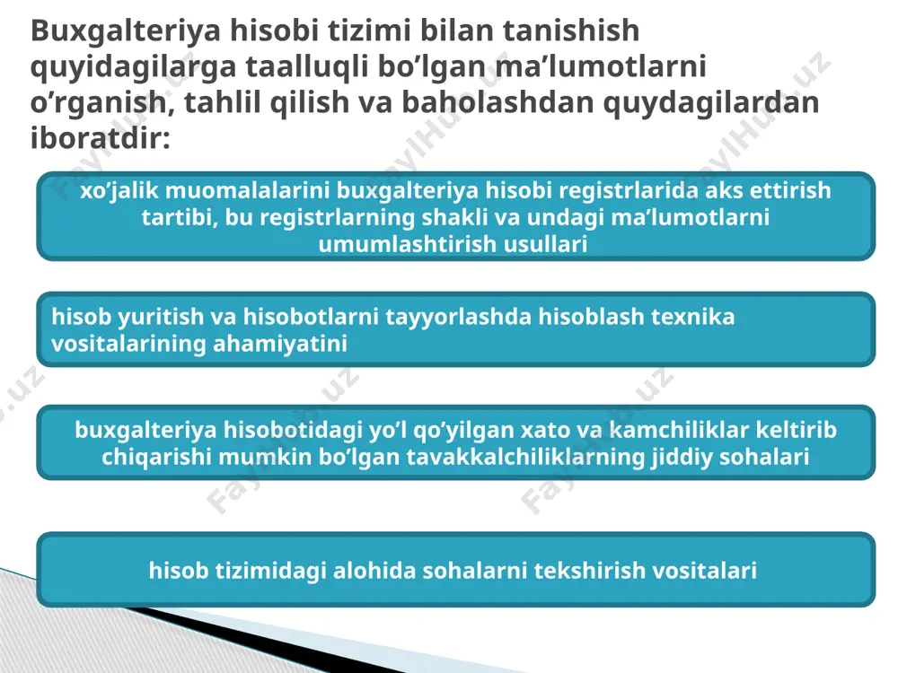 iyatlidir ishchi qog’ozlar auditor uchun tekshiruvni taqsimlash va muvofiqlashtirish imkonini beradi. partniyor menejer va katta auditorlar uchun assistentlar ishini doimiy nazorat qilib borishga zamin yaratadi. auditor xulosasi uchun asos bo’ladi. ushbu mijozda kelgusida audit tekshiruvini rejalashtirish va o’tkazishda yordam beradi audit ishchi qog’ozlarida auditor xujjatlar quyidagi umumiy guruhlarga ajratiladi. audit ma’muriy ishchi qog’ozlari ishchi balans tuzatuvchi provotkalar va guruhlashtirishlar aks etgan ishchi qog’ozlar tahliliy, taqqoslash hisob-kitob bo’yicha tuzilgan ishchi qog’ozlar ichki auditor tekshiruv hujjatlar yordamida amalga oshiriladigan majburiy hujjatlashtirishni tekshirish, audit to’g’ri olingan axborotni ifodalashi kerak bo’lganlarga quyidagilar kiradi audit o’tkazish reja va dasturi tekshirish jarayonida kelib chiqqan savollarga bo’limlar ishchilari tomonidan tushuntirish arizalari, oydinlashtirish kerak bo’limning boshlang’ich hujjatlari nusxalari: ob’ektlar fotosuratlari, aktlari, ma’lumotlar, bayonnomalar, inventarizatsiya yozuvlari va boshqa hujjatlar, xo’jalik operatsiyalaridan dalolat beruvchi hujjatlar, bo’lim ishchilari va boshqa ishchilar bilan birgalikda tuzilgan tekshirishga aloqador bo’lgan tekshirish aktini isbotlovchi yozuvlar, buxgalteriya hisobi registrlari inventarizatsiya natijalari buxgalteriya hisoboti operativ tizim va …