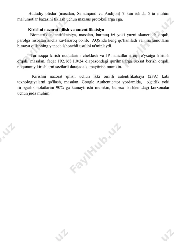 24 soat ichida toshkentdagi asosiy serverlarga zaxira nusxasi avtomatik ravishda yuklanadi va 3 darajali autentifikatsiya tizimi ishga tushadi. hududiy ofislar (masalan, samarqand va andijon) 7 kun ichida 5 ta muhim ma'lumotlar bazasini tiklash uchun maxsus protokollarga ega. kirishni nazorat qilish va autentifikatsiya biometrik autentifikatsiya, masalan, barmoq izi yoki yuzni skanerlash orqali, parolga nisbatan ancha xavfsizroq bo'lib, aqshda keng qo'llaniladi va ma'lumotlarni himoya qilishning yanada ishonchli usulini ta'minlaydi. tarmoqqa kirish nuqtalarini cheklash va ip-manzillarni oq ro'yxatga kiritish orqali, masalan, faqat 192.168.1.0/24 diapazondagi qurilmalarga ruxsat berish orqali, noqonuniy kirishlarni sezilarli darajada kamaytirish mumkin. kirishni nazorat qilish uchun ikki omilli autentifikatsiya (2fa) kabi texnologiyalarni qo'llash, masalan, google authenticator yordamida, o'g'irlik yoki firibgarlik holatlarini 90% ga kamaytirishi mumkin, bu esa toshkentdagi korxonalar uchun juda muhim. 📌xulosa kompyuter tizimlarini himoya qilish uchun qo'shimcha chora-tadbirlarni qo'llash, xavfsizlik devori va antivirus dasturlaridan tashqari, muntazam zaxira nusxalarini yaratish va xodimlarni kiberxavfsizlik bo'yicha o'qitishni o'z ichiga oladi. 📚foydalanilgan adabiyotlar …