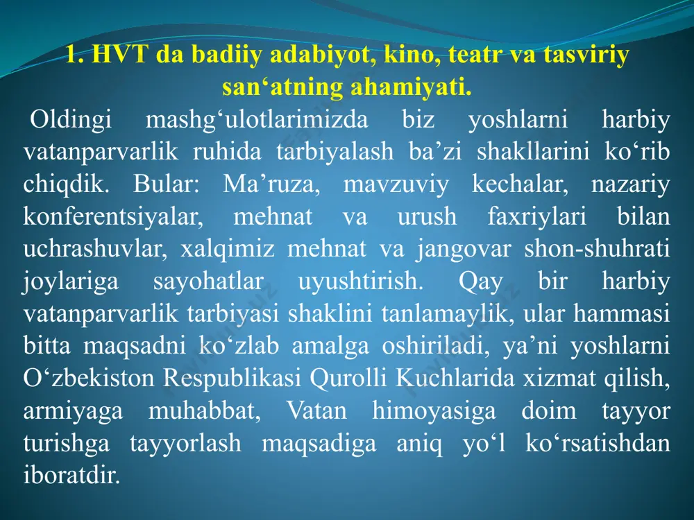 kerak. 2. siyosiy masalalarga erishish vositasi qilib urushni tashviqot qilmasligi kerak. 3. fashzm va buyuk davlat shovinizmini tashviqot qilmasligi. tarbiyachi senzurani qo‘llamay o‘quvchilarga qaysi filmlarni ko‘rsatishni, filmlar ular ko‘nglida qanday iz qoldirishini bilishi shart va majburdir. 4. jamoa bo‘lib teatr, ko‘rgazmalarga borishni tashkil etish, o‘qish uchun adabiyotlarni tanlash bo‘yicha tavsiyalar. jamoa bo‘lib kino, teatrlarga borishlari boshqa harbiy vatanparvarlik ruhida tarbiyalash usullari bilan birgalikda olib borilishi, xizmatga chaqiriladigan yoshlar tarbiyasiga samarali yordam beradi. badiiy, harbiy vatanparvarlik ruhidagi film va spektakllarni yoshlar bilan ofitserlar uyida, madaniyat saroylarida, ommaviy-mudofaa ishlari oyligi kunlarida jamoa bo‘lib tomosha qilishni tashkil etish kerak. harbiy vatanparvarlik mavzusidagi film, spektakllarni tomosha qilish asosan sinf rahbariga yuklatiladi, bu ishlarni amalga oshirishda sinf rahbari sinfdan tashqari ishlar tashkilotchisi, hamda harbiy rahbar yordamiga tayanadi. kinoteatrlarga borishda avval kinofilm tanlashga e’tibor berish kerak. film mazmuni o‘quvchilar o‘rganayotgan «chaqiruvga qadar boshlang‘ich tayyorgarlik” dasturi bilan bog‘liq bo‘lishi, va boshqa umumta’lim darslari bilan mos kelishi zarur. …