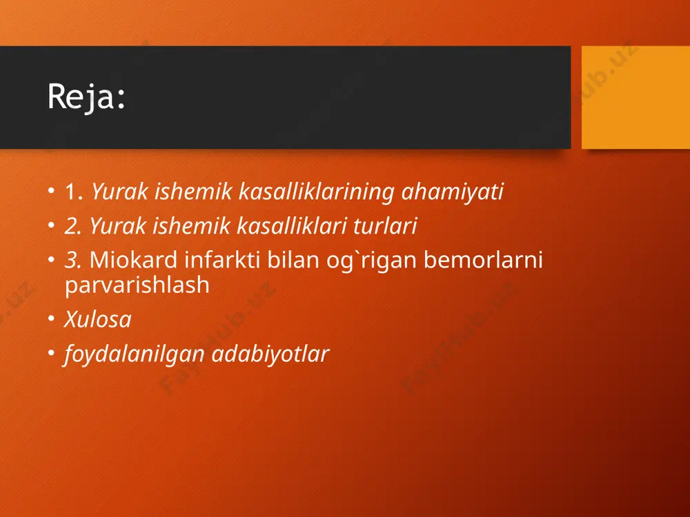 rosklerotik pilakchalar, katta jismoniy yoki asabiy zo‘riqishlarda miokardning zo‘r berib ishlashi. yurak-tomirlar sistemasi va katta miya po‘stlog‘i o‘rtasidagi chambarchas bog‘lanishni bilgan holda koronar arteriyalar innervatsiyasi buzilishlari rivojlanishida va koronar yetishmovchilik miokard infarktining asosiy omilidir. ateroskleroz gipertoniya kasalligi bilan kasallangan shaxslarda miokard infarkti uchraydi stenokardiya miokard infarkti kasalligi darakchisi klinikasi. yurak sohasida yoki to‘sh orqasida og‘riq to‘satdan paydo bo‘lib, chap yelkaga, chap kurakka, pastki jag‘ga va tananing boshqa qismlariga o‘tadigan og‘riq miokard infarktining asosiy simptomi hisoblanadi. stenokardiyadagi og‘riqdan farqli ravishda miokard infarktida og‘riq uzoqroq (bir necha soatgacha) bo‘ladi, toj arteriyalarni kengaytiradigan vositalar (validol, nitroglitserin) qabul qilingandan keyin bosilmaydi. miokard infarktining kechish xillari klassik tipik tipik kechish turlari 13 qorinda yurakning notekis urishi miya tomirlari faoliyati o`zgarishi belgisiz xili astmatik miokard infarktining qorin gastralgik xilida. qorin bo‘shlig‘i a’zolari faoliyatining o‘zgarishi kasalligiga xos bo‘lgan belgilari bo‘lgan (gastralgik) xili qorinning yuqori qismida og‘riq, ko‘ngil aynishi, qusish, kekirish, hiqichoq tutishi, qorinning dam bo‘lishi, ich ketish …