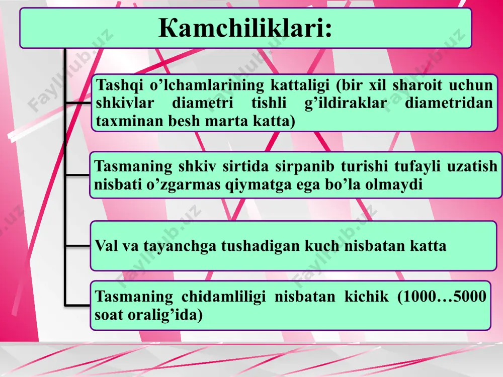 ishlatish ma’qul. yuqori harorat, nam, chang va kislota kabilar o’rtacha to’yintirilgan jun tasmalarga zararli ta’sir etmaydi. plenkali tasmalar kapron yoki lavsan kordlar bilan armaturalangan poliamid qotishmalari asosidagi plastmassalardan tayyorlanadi. bunday tasmalar yuqori statik puxtalik va toliqishga qarshilikka ega. ushbu tasmalar kichik qalinlikda (0,4…1,2 mm) sezilarli yuklamalarni (15 kvtgacha) uzatadi, kichik diametrli shkivlarda va yuqori tezliklarda (v≤60 m/s) ishlashi mumkin. yassi tasmalar uzatmalarni hisoblash tartibi. hisoblash uchun quvvat r1, aylanish chastotasi n1, uzatish nisbati i berilgan bo’lishi kerak. bunda d1 va d2, a va tasmaning turi hamda uning o’lchamlari (b, δ, l) aniqlanadi. dastlabki hisoblashda kichik shkivning o’lchamini m.a. saverin formulasi bo’yicha taxminan aniqlanadi, d1 aniqlangandan keyin tavsiyalar va tasma o’lchamlariga standartlarga asosan tasmaning qalinligi δ tanlanadi. кeyin tortish qobiliyatini hisobidan tasmaning eni b aniqlanadi. ponasimon tasmali uzatmalar. zamonaviy yuritmalarda ponasimon tasmali uzatmalar keng qo’llaniladi. bunday uzatmada tasmani ko’ndalang kesimi ponasimon rasmda bo’ladi va shkivning mos ariqchasida joylashadi (9-rasm). uzatmada bitta …