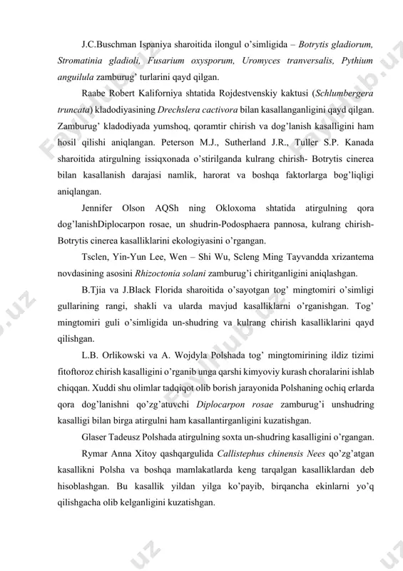 ng chirish- botrytis cinerea bilan kasallanish darajasi namlik, harorat va boshqa faktorlarga bog’liqligi aniqlangan. jennifer olson aqsh ning okloxoma shtatida atirgulning qora dog’lanishdiplocarpon rosae, un shudrin-podosphaera pannosa, kulrang chirish-botrytis cinerea kasalliklarini ekologiyasini o’rgangan. tsclen, yin-yun lee, wen – shi wu, scleng ming tayvandda xrizantema novdasining asosini rhizoctonia solani zamburug’i chiritganligini aniqlashgan. b.tjia va j.black florida sharoitida o’sayotgan tog’ mingtomiri o’simligi gullarining rangi, shakli va ularda mavjud kasalliklarni o’rganishgan. tog’ mingtomiri guli o’simligida un-shudring va kulrang chirish kasalliklarini qayd qilishgan. l.b. orlikowski va a. wojdyla polshada tog’ mingtomirining ildiz tizimi fitoftoroz chirish kasalligini o’rganib unga qarshi kimyoviy kurash choralarini ishlab chiqqan. xuddi shu olimlar tadqiqot olib borish jarayonida polshaning ochiq erlarda qora dog’lanishni qo’zg’atuvchi diplocarpon rosae zamburug’i unshudring kasalligi bilan birga atirgulni ham kasallantirganligini kuzatishgan. glaser tadeusz polshada atirgulning soxta un-shudring kasalligini o’rgangan. rymar anna xitoy qashqargulida callistephus chinensis nees qo’zg’atgan kasallikni polsha va boshqa mamlakatlarda keng tarqalgan kasalliklardan deb hisoblashgan. …