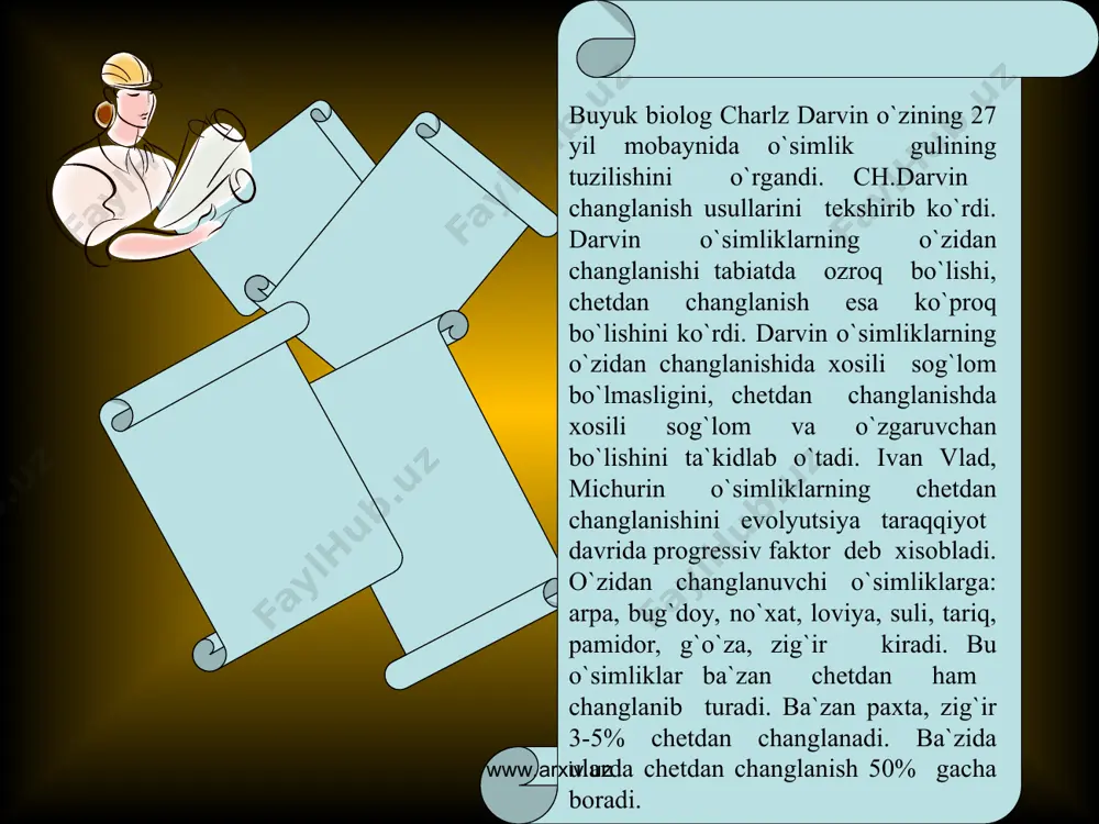 w.arxiv.uz www.arxiv.uz bularning changlari po`sti bir qavat, changni tashqi qavat ekzina bo`lmaydi. changning shakli ipsimon. changning solishtirma og`irligi suvning solishtirma og`irligi bilan teng. shamol bilan changlanadigan o`simliklar anemofil o`simliklar, changlanish esa anemofiliya deb ataladi. anemofil o`simliklarning gullari ko`rimsiz, mayda va ko`pincha kuchala to`pgulga birlashgan. nektar bezlari yo`q. www.arxiv.uz www.arxiv.uz shamol yordamida changlanuvchi o`simliklarga ochiq urug`li o`simliklardan: archa, qarag`ay, yopiq urug`li o`simliklardan:terak, tol, yong`oq, nasha, jo`xori kiradi. m.qandlavlagining otalik changi shu qadar yengilki 2000 m balandlikka ko`tarila oladi. shamol yordamida changlanuvchi o`simliklarning changlari juda ko`p bo`ladi va kichikroq bo`ladi. m.o`rmon yong`og`ining 1 ta otalik gulida kuchalasida 4 mln. chang bo`ladi. www.arxiv.uz www.arxiv.uz foydalanilgan adabiyоtlar 1.n.grin va boshq. “biologiya”. 1990y. 2.a.s.troshin va boshq. “sitologiya”. 1970y-. 3.t.b.boyqobilov, x.ikromov “sitologiya.”1980y. sattiboev m.s. “o’simlik hujayrasi”.t. 1990y. maqsudov z.m. “umumiy genetika”. toshkent. «uqituvchi», 1981. hamidov jx. va boshq. “tibbiy biologiya va irsiyatdan qo’llanma”. toshkent. «ibn sino». 1992. www.arxiv.uz www.arxiv.uz