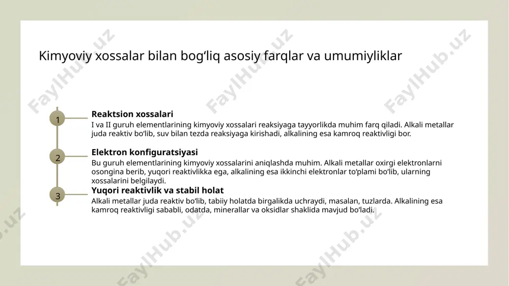 tivligi va ularning kimyoviy reaksiyalardagi roli. reaktivlik darajasi alkali metallarning reaktivligi yuqori bo‘lib, ular osongina oksidlanadi va suv bilan tezkor kimyoviy reaksiyaga kirishadi. bu xususiyat ularni ehtiyotkorlik bilan saqlashni talab qiladi. kimyoviy reaksiyalar ular ko‘plab kimyoviy reaksiyalarda faol ishtirok etadi, masalan, metallarning gidridlar va halogenidlar hosil qilishda, bu esa sanoat va kimyo sohalarida muhimdir. tabiiy holati alkali metallarning tabiiy holati asosan birikmalarda bo‘ladi, ularning erkin shaklda topilishi juda kam, odatda tuzlar va mineral rudlar shaklida mavjud. sanoatdagi ahamiyati bu metallar kimyo, metallurgiya va energetika sohalarida keng qo‘llaniladi, masalan, batareyalar, va kimyoviy mahsulotlar ishlab chiqarishda muhim rol o‘ynaydi. alkaline earth metallarining kimyoviy xususiyatlari va ularning o'ziga xosligi. 1 kimyoviy xossalar alkaline earth metallari, o'zining kuchli oksidlanish xususiyati bilan ajralib turadi, ular ko'pincha suv bilan reaksiyaga kirishadi va gidroksidlar hosil qiladi. 2 elektron konfiguratsiyasi ularning elektron konfiguratsiyasi ns2 shaklida bo'lib, bu ularning kimyoviy xossalarini belgilaydi va reaktivligini oshiradi. 3 reaktivlik darajasi alkaline …