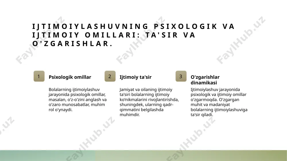 g muhitga moslashishiga yordam beradi. bu jarayon, ijtimoiy ko'nikmalarni rivojlantirishda muhim rol o'ynaydi. 03 muhitning roli bola atrof-muhitidan o'rganadi. bu muhit, oiladan, maktabgacha ta'lim muassasalaridan va do'stlardan iborat bo'ladi, va ularning ijtimoiylashuviga ta'sir qiladi. 04 o'zaro ta'sir bola va muhit o'rtasidagi o'zaro ta'sir, ijtimoiy normalar va qadriyatlarni o'rganish imkonini beradi. bu jarayon, ijtimoiy ko'nikmalarni mustahkamlashga yordam beradi. o‘rganish jarayonida madaniy omillar va ijtimoiy ko‘nikmalar. 01 madaniy omillar madaniy omillar bolalarning ijtimoiy ko‘nikmalarini shakllantirishda muhim rol o‘ynaydi, chunki ular muhitni va ijtimoiy aloqalarni belgilaydi. 02 ijtimoiy ko‘nikmalar ijtimoiy ko‘nikmalar, bolalarning boshqalar bilan muloqot qilish qobiliyatlarini rivojlantiradi, bu esa ularning ijtimoiy muvaffaqiyatlariga olib keladi. 03 tarbiyadagi madaniyat tarbiyadagi madaniyat, bolalarning o‘zaro hurmat, empatiya va hamkorlik ko‘nikmalarini rivojlantirishga yordam beradi, bu esa ijtimoiylashuvni mustahkamlaydi. 04 maktabgacha ta'lim maktabgacha ta'lim muassasalari, bolalarga madaniy qiymatlar va ijtimoiy ko‘nikmalarni o‘rgatish orqali ijtimoiylashuv jarayonini kuchaytiradi. o‘rganish vositalarini qo‘llashda innovatsion yondoshuvlar. 01 innovatsion texnologiyalar innovatsion texnologiyalar, masalan, interaktiv …