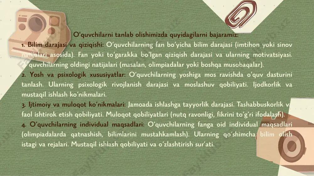 e east" matnidan o‘quvchi "the sun rises in the east" deb asosiy fikrni ajratib olishlari kerak. grammatik ko'nikmalar. izoh: bu materialda bolalar oila a’zolari haqida gapirishni va oddiy savol-javob shakllarini o‘rganadilar. grammatika jihatidan "to be" fe’li, o‘tmish zamon (didn't), va "eldest/youngest" kabi taqqoslash so‘zlari o‘zlashtiriladi. bundan tashqari, gaplarni bog‘lash va yozma ko‘nikmalarni shakllantirishga e'tibor qaratilgan. sintaksis bog‘lanishlarni tushunish. ular jumlalarni bir-biriga bog‘lab, ma'lumotlarni aniq va tartibli ifodalashga yordam beradi. masalan: 1. "most of our outdoor activities begin as things we do or join as a family." - bu jumlada "as" bog‘lovchi so‘zi faoliyatlarning oilaviy bog‘liqligini ko‘rsatadi. 2. "gymnastics started in the same way..." - bu yerda "in the same way" bog‘lovchi ifoda avvalgi fikrni davom ettiradi. 3. "she’s less sporty than i am..." - bu jumlada "than" bog‘lovchi so‘zi taqqoslashni bildiradi. sintaksis bog‘lanishlari matnning mantiqiy tuzilishini ta'minlaydi va o‘quvchi uchun tushunishni osonlashtiradi. grammatik ko'nikmalar. izoh: ushbu darsdagi mashqlar o‘quvchilarga quyidagi …