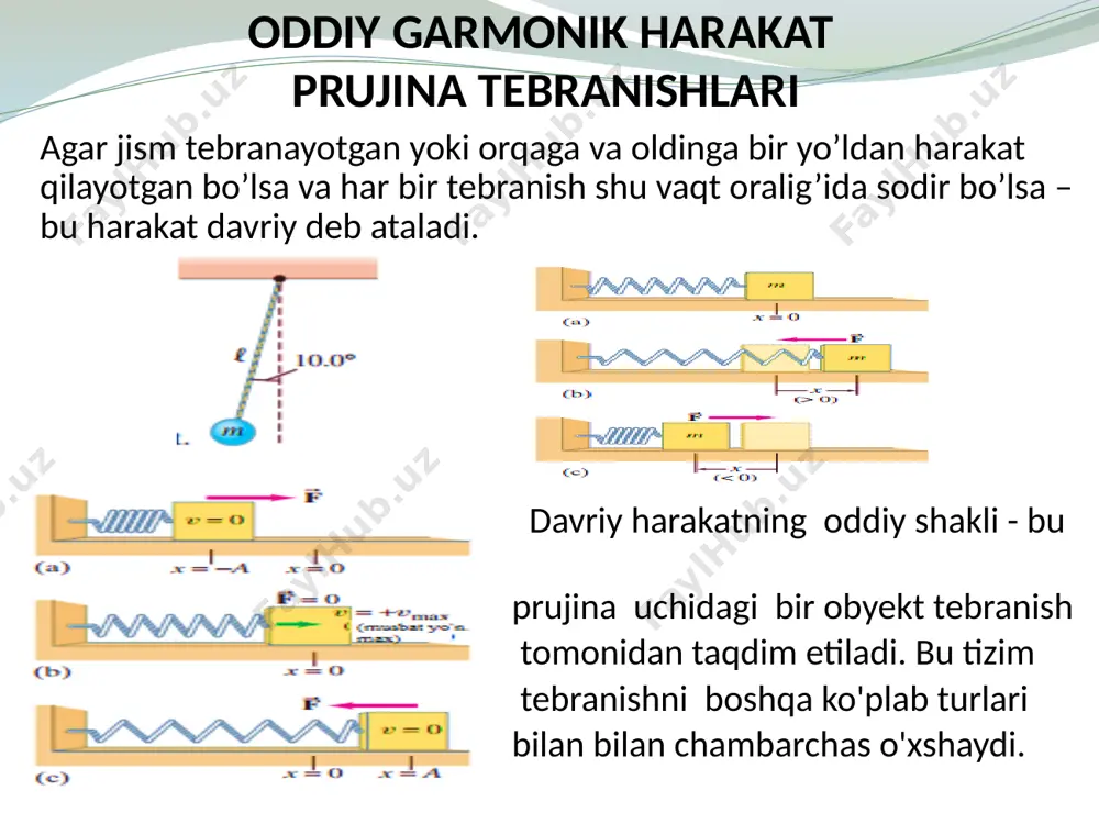 ik – og‘irligi hisobga olinmaydigan, cho‘zilmaydigan ipga osilgan m massali moddiy nuqtadir. matematik mayatnik u fizik mayatnikning xususiy holidir. ip vertikal o‘qdan kichik j burchakka siljitilsa, m massali moddiy nuqtaning inersiya momenti: ga tengligini inobatga olsak, matematik mayatnikning tebranish davri ifodasi: so‘nuvchi tebranishlar vaqt o‘tishi bilan tebranish tizimining energiyasi asta-sekin yo‘qotilishiga bog‘liq tebranishlar – so‘nuvchi tebranishlar deb ataladi. boshqacha qilib aytganda, energiya zahirasi muhitning qarshiligi, ishqalanish kuchlarini yengishga sarf bo‘ladi. tebranuvchi jismga qaytaruvchi kuch va jismning harakat tezligiga proporsional bo‘lgan qarshilik kuchlarning yig‘indisi taʼsir etadi, deb hisoblaylik. oy o‘q bo‘ylab to‘g‘ri chiziqli so‘nuvchi tebranish uchun nyutonning ii qonuni quyidagi ko‘rinishga ega bo‘ladi: tenglikning hadlarini m ga bo‘lsak, quyidagi ifodaga ega bo‘lamiz: bu ifoda erkin so‘nuvchi tebranishlarning differensial tenglamasi deb ataladi. bu yerda: , 𝛽 - so‘nish koeffitsiyenti deb ataladi. bu tenglamani yechimi: , bu yerda, so‘nuvchi tebranishning chastotasidir so‘nuvchi tebranishlar muhitning qarshiligi bo‘lmagan holatda (r = 0) – ifoda tizimning …