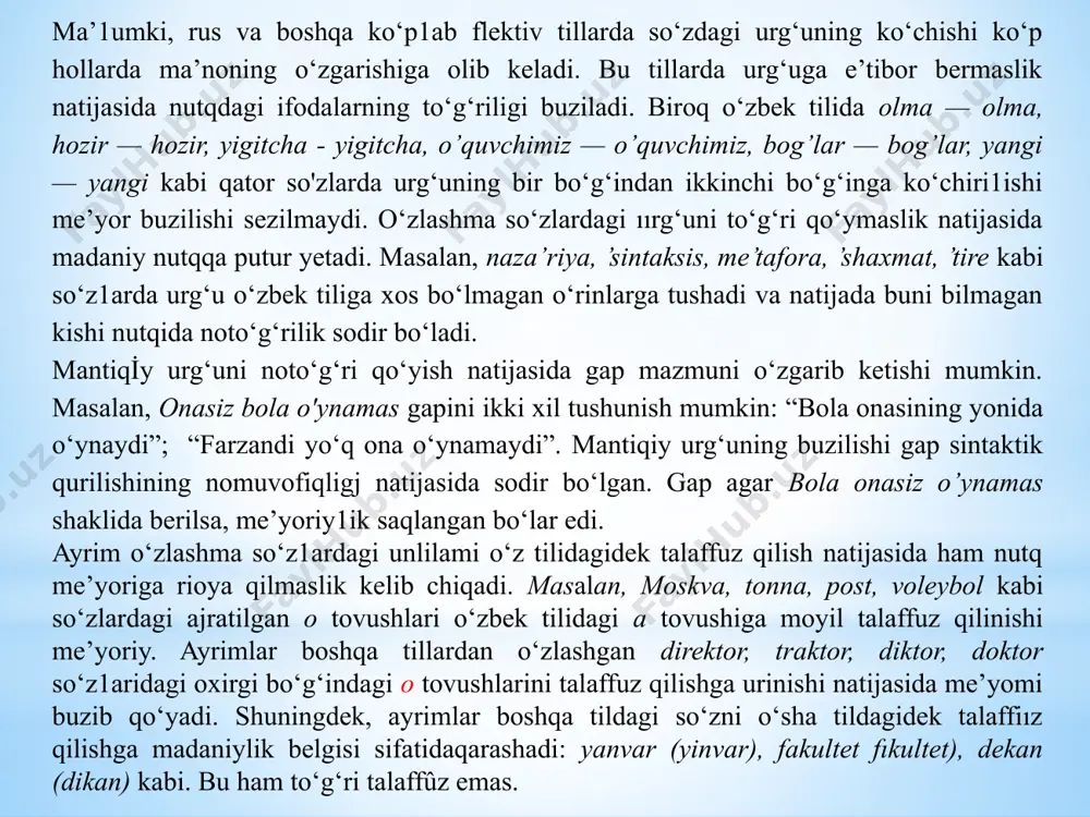 i. bunda adib abdulla qahhor bo‘sa so‘zining ma’nosini bilmay xato qilgan savodsiz va saviyasi past kishilarni hajv ostiga olgan. grammatik me’yorga rioya qilish deganda, gap tuzish qoidalaridan to‘g‘ri foydalanish, so‘zga grammatik qo‘shimchalami qo‘shishda xatoga yo‘1 qo‘ymaslik, kelishik qo‘shimchalarini o‘z o‘rnida qo‘llash, ega va kesimning mosligiga rioya qilish, ikkinchi darajali bo‘laklarni to‘g‘ri ishlatish, so‘zlarning bog‘lanish qonuniyatlariga amal qilish kabüar tushuniladi. muloqot jarayonida bunday grammatik me’yorlarga amal qilmaslik natijasida nutqning to‘g‘riligi buziladi. morfologik me’yorlaming buzilishiga misollar: faxriy o qituvchining yuzlab shogirdi hozirgi kunda turli sohalarda samarali mehnat qilib, ustoziga obro’-e 'tibor keltirmoqdalar. me’yoriy varianti: faxriy o'qituvchining yuzlab shogirdi hozirgi kunda turli sohalarda samarali mehnat qilib, ustoziga obro '-e’tibor keltimıoqda. abdulla qahhor yozish u yoqda tursin, bunday holda hatto birovga dastxat ham bermas edilar. umuman yozuvchilik ular uchun nihoyatda muqaddas ish edi. me’yoriy variani: abdulla qahhor yozish u yoqda tursin, bunday holda hatto birovga dastxat ham bermas edilar. umuman, yozuvchilik uning uchun nihoyatda …