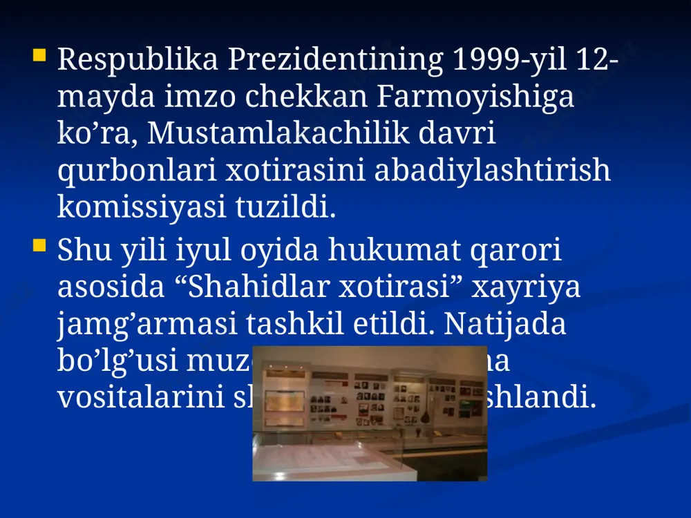shlari vazirligi, o’zbekiston aloqa va axborotlashtirish agentligi, vesmistr universiteti, o’zbekiston badiiy akademiyasi, mudofaa vazirligi, “sovplastital” korxonasi bilan hamkorlikda ish olib borildi. shu bilan birgalikda ichki ishlar vazirligi, milliy xavfsizlik xizmati, oliy sud fondlarida saqlanayotgan hujjatlardan ekspozitsiyada foydalanish uchun olindi. image1.jpeg image2.jpeg image3.jpeg image4.jpeg image5.jpeg image6.jpeg image7.jpeg /docprops/thumbnail.jpeg