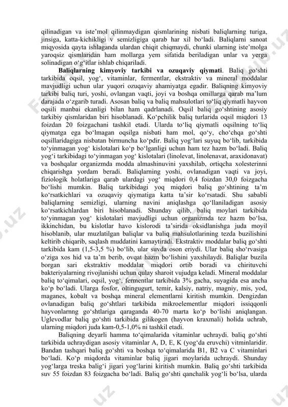 roorganizmlar ta’siridan himoya qiladi. ko‘pchilik baliqlar terisi tashqi tomondan yupqa plastinkachalar holidan tangachalar bilan qoplangan bo‘ladi. vaqt o‘tishi bilan tangachalar qatlami ham ko‘payib boradiva ba’zi hollarda shu qatlamlarning qalinligi baliq yoshidan dalolat beradi. baliq tanasi skeletlari tag‘aylardan (osetra baliqlari oilasi) va suyaklardan tashkil topadi. ko‘pchilik baliqlarning skeletlari suyaklardan tashkil topadi. baliq tanasida qancha kam bo‘lsa, ularning ozuqaviy qiymati shuncha yuqori bo‘ladi. baliqlarning suzgich qanotlari juft va toq bo‘ladi. ularning ko‘krak, qorin suzgich qanotlari juft, bel, chiqaruv organi va dum suzgich qanotlari esa toq bo‘ladi. suzgich qanotlarining tuzilishi, soni va ularning qanday joylashganligiga qarab baliqning qaysi xilga va baliq oilasiga mansubligini aniqlash mumkin. baliqning bel va chiqaruv organi suzgich qanotlari uning muvozanatini saqlashga, ko‘krak, qorin qismida joylashgan suzgich qanotlari baliq harakatini o‘zgartirishga yordam bersa, dum suzgich qanotlari esa oldinga harakat qlishga yordam beradi. baliqlarning nafas olish organi jabralari hisoblanib, ular baliqning bosh qismining ikki yon tarafida joylashgan bo‘ladi. baliqlar ana shu …