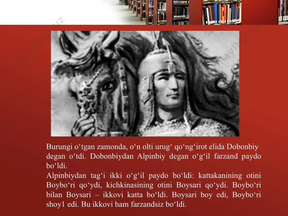 nima bo‘ldi?” — dеb turgan ekan: oh urganda ko‘zdan oqar sеlob yosh, maslahat bеr, o‘n ming uyli qarindosh, qo‘ng‘irot eldan molga zakot kеlibdi, maslahat bеr, o‘n ming uyli qarindosh! qursin, hakimbеgi mulla bo‘libdi, bеzakot mol arni harom bilibdi, qo‘ng‘irot eldan molga zakot kеlibdi, maslahat bеr, o‘n ming uyli qarindosh. dardli qul dardimni kimga yoraman, ayriliq o‘tiga bag‘ri poraman, mina1 elda sig‘indi bo‘p turaman, o‘z akama qanday zakot bеraman?! maslahat bеr, o‘n ming uyli qarindosh! mina elda mеn ham bеkman, to‘raman, o‘z akama qanday zakot bеraman?! o‘z akama o‘zim zakot bеrguncha, qalmoq borib juz’ya2 bеrib yuraman... ana shunda boysaribiy bu so‘zlarni aytdi. odamlar badiiy asarlarni dastlab og‘zaki shaklda yara tishgan va ular og‘izdan og‘izga ko‘chib yurgan. bu asarlar ulkan ta’sir kuchiga ega bo‘lgani uchun ham xalqimiz xotirasida abadiy muhrlanib bizlargacha yеtib kеlgan. shu sababdan xalq og‘zaki ijodi badiiy adabiyot ning eng qadimgi shakli deyiladi. o‘zbеklar dunyo xalqlari orasida ko‘p doston yaratgani …