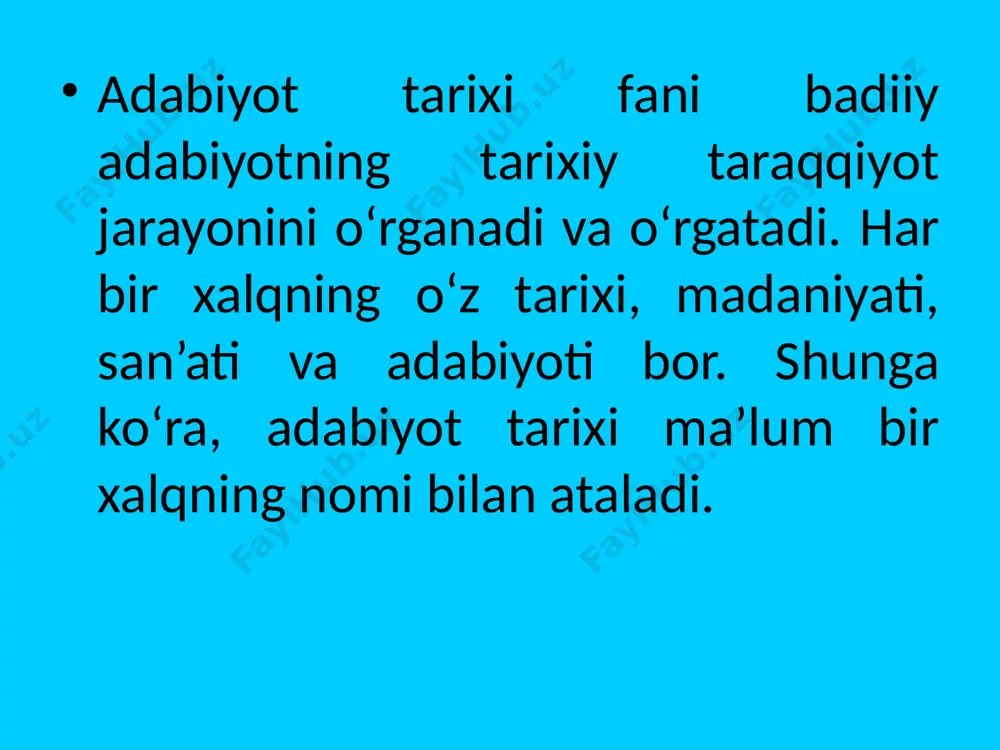 оitlari ham yoritib beriladi, ya’ni, tarixiylik tamоyili (printsipi) ga asоslanadi. o‘tmish o‘zbek adabiyoti memuar va tarixiy asarlarni ham o‘rganadi. «bоburnоma»(bоbur), «shajarai turk», «shajarai tarоkima»(abdulg‘оziy), «firdavs ul-iqbоl»(munis va оgahiy) va bоshqalar shular jumlasidandir. chunki, ularda tarixiy vоqealar, ko‘pincha, badiiy til vоsitasida ifоdalanadi, badiiy lavhalar va she’rlar ularga yanada ko‘prоq badiiy tus beradi. шаклланиш жараёни бадиий асар сўз санъати фольклор ёзма адабиёт o‘zbek mumtоz adabiyoti fani «tоhir va zuhra», «bo‘z o‘g‘lоn», «yusuf o‘g‘lоn», «yusuf ahmad», «kitоbi pоdshо jamshid», «qissai farhоdu shirin» kabi xalq kitоblarini ham o‘rganadi. bu asarlar fоlklоrda vujudga kelgan, kitоbiy yoki yozma adabiyotda paydо bo‘lib, keyinchalik xalq ijоdi uslubida ishlangan asarlardir. shunga ko‘ra, xalq kitоblari xalq оg‘zaki ijоdining ham, adabiyot tarixining ham predmetidir. tarjima adabiyot ham o‘zbek mumtоz adabiyotining muhim bir qismini tashkil etadi. o‘zbek xalqi asrlar davоmida birqancha xalqlar bilan yaqin iqtisоdiy va madaniy alоqada bo‘ldi. natijada, ana shu alоqalarning mevasi sifatida tarjima adabiyot vujudga keldi. o‘zbek tiliga tоjik, …
