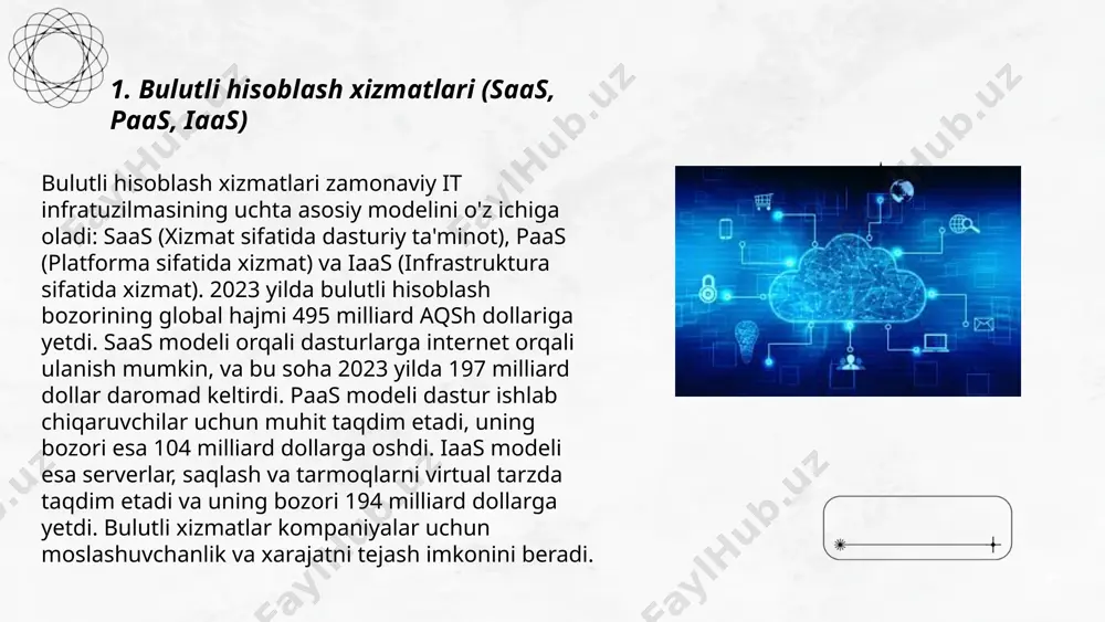 yilda 490 milliard aqsh dollariga yetdi. 2025-yilga kelib bu raqamning 832 milliard aqsh dollariga yetishi kutilmoqda. ... t.me/slaydai_bot bulutda ma'lumotlarni zaxiralash zamonaviy biznes va shaxsiy ma'lumotlar xavfsizligini ta'minlashning muhim qismina aylandi. odatda, bulut xizmatlarini taqdim etuvchi kompaniyalar ma'lumotlarni masofaviy serverlarda saqlaydi, bu esa ularni yo'qotish yoki zarar ko'rishdan himoya qiladi. 2022-yilda, global bulut zaxiralash bozori hajmi 5 milliard dollarga yetdi. o'sish sur'ati har yili taxminan 24% ni tashkil etmoqda. bulut zaxiralash xizmatlari foydalanuvchilarga ma'lumotlarni qulaylik bilan zaxiralash, yangilash va tiklash imkonini beradi. mashhur bulut zaxiralash xizmatlariga google drive, microsoft onedrive va dropbox kiradi. o'tkazilgan tadqiqotlar ko'rsatishicha, kompaniyalarning 94% bulut zaxiralashdan foydalanadi. ... t.me/slaydai_bot 7. bulutli hisoblashning afzalliklari va kamchiliklari bulutli hisoblashning afzalliklari quyidagilardan iborat: u qimmatbaho apparat va dasturiy ta'minot xarajatlarini kamaytiradi, ma'lumotlarga istalgan joydan kirish imkoniyatini beradi, xavfsizlik va ma'lumotlarni tiklash imkoniyatlarini oshiradi. shuningdek, u miqyosni osonlikda oshirishi va energiya tejamkorligini ta'minlashi mumkin. boshqa tomondan, kamchiliklar orasida tarmoqga bog'liqlik, …